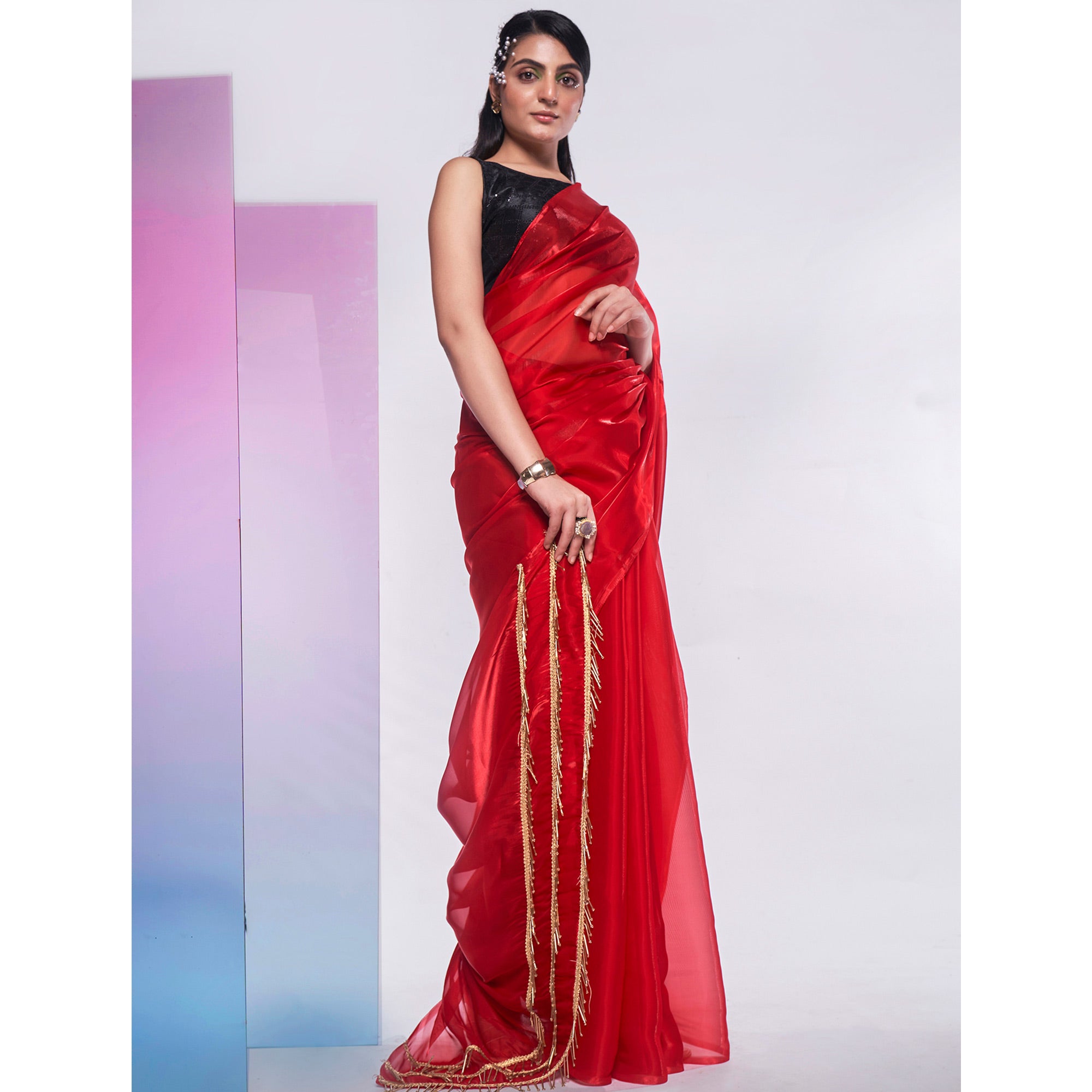 Red Solid Organza Saree With Tassels