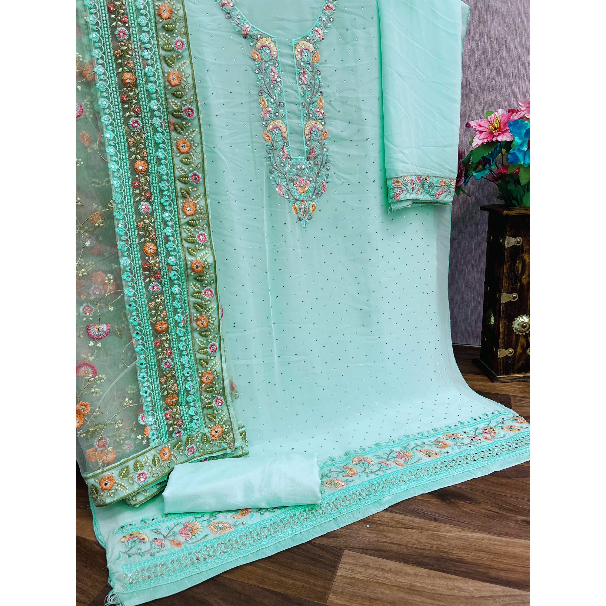 Blue Floral Embroidered Georgette Salwar Suit