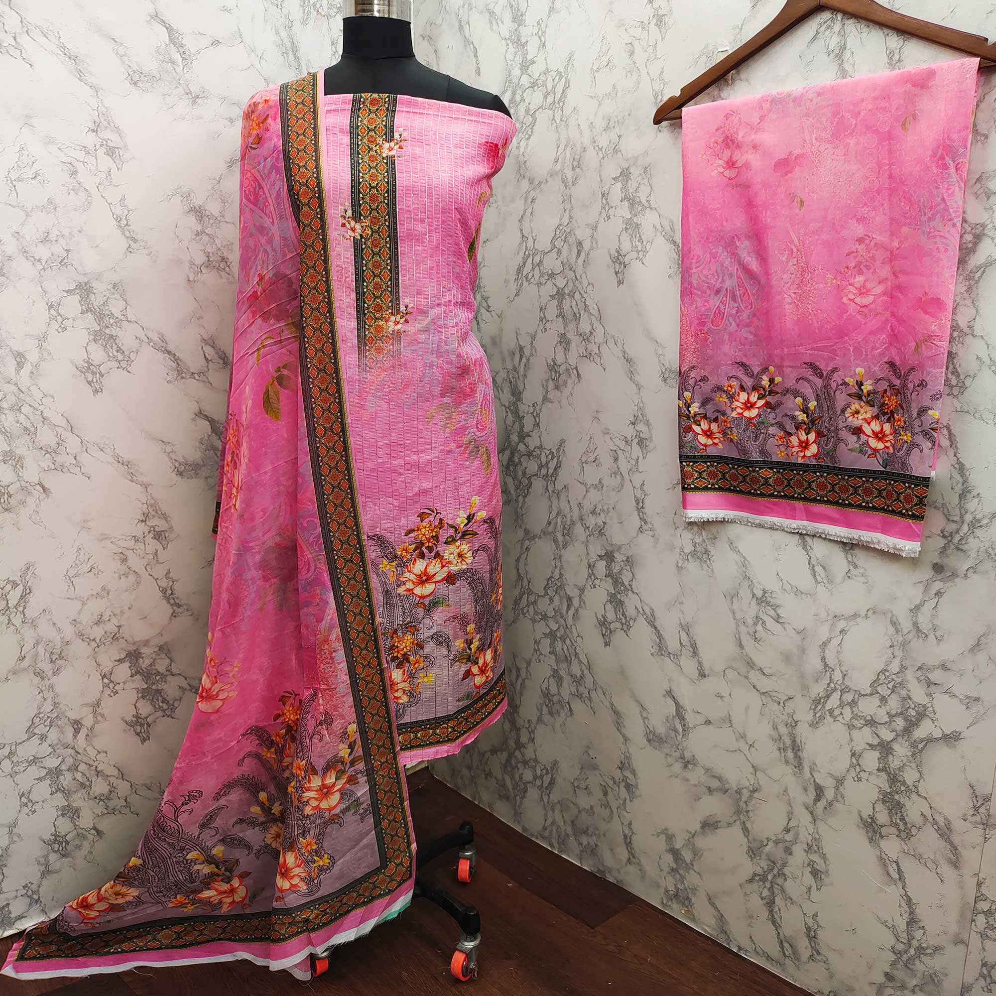 Pink Floral Digital Printed Muslin Dress Material