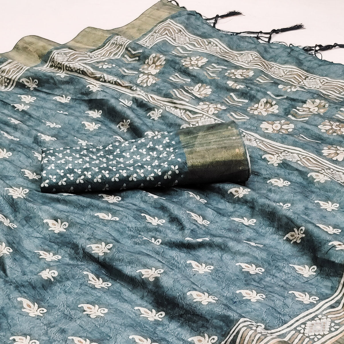 Blue Floral Printed Matka Tussar Saree With Tassels