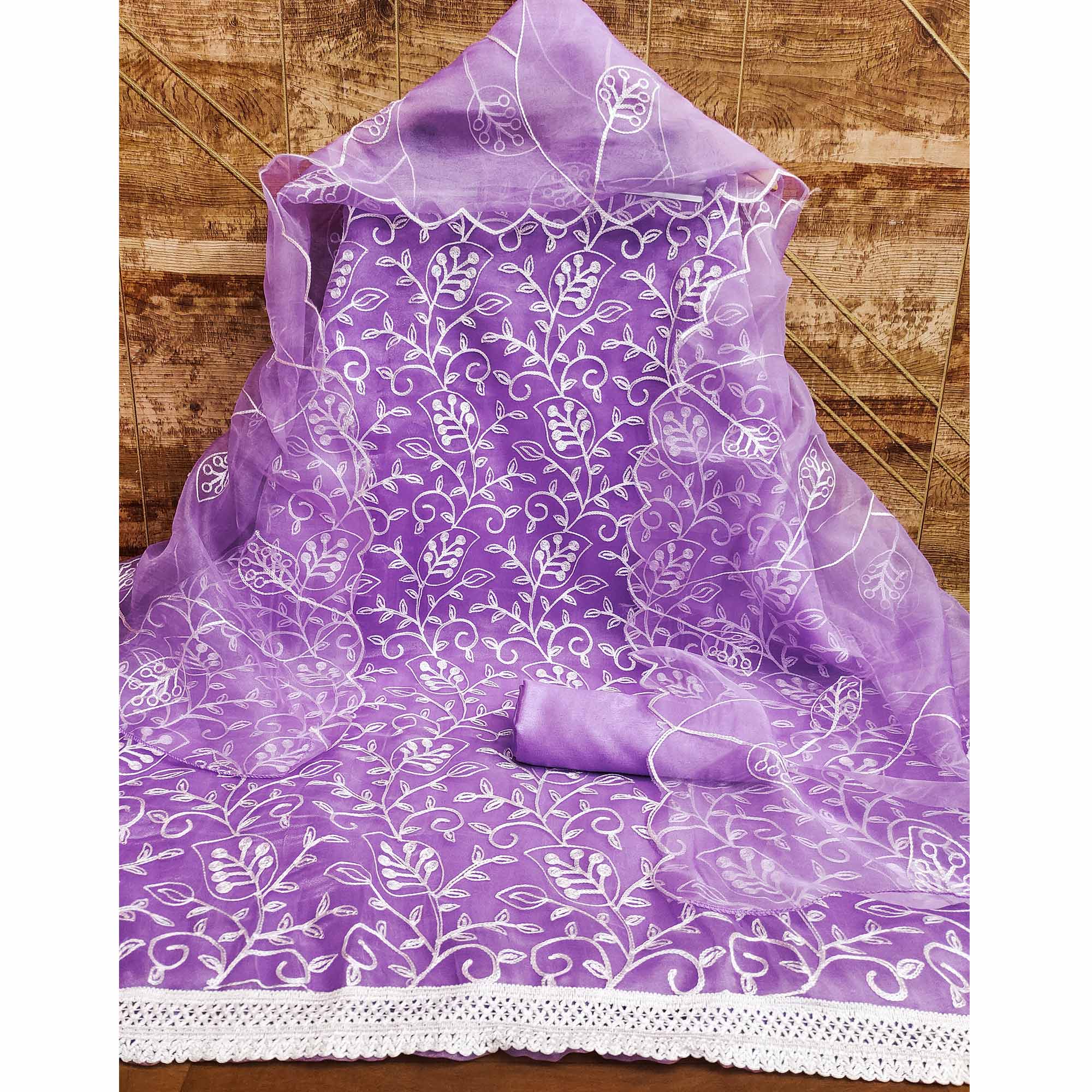 Purple Floral Embroidered Organza Dress Material