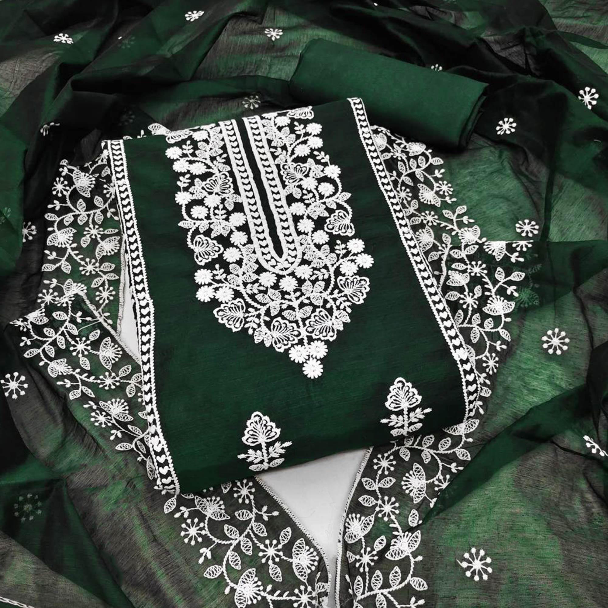 Green Floral Embroidered Chanderi Dress Material