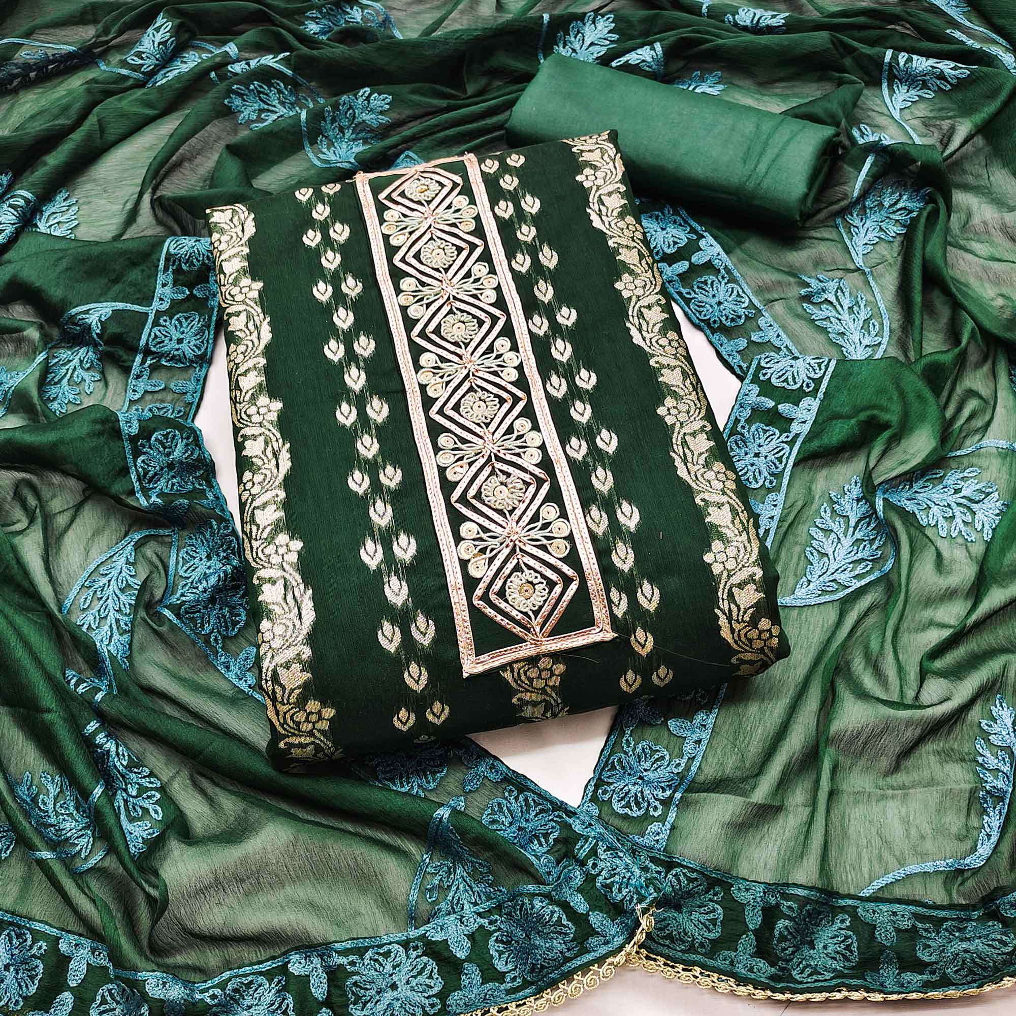 Green Woven Banarasi Silk Dress Material