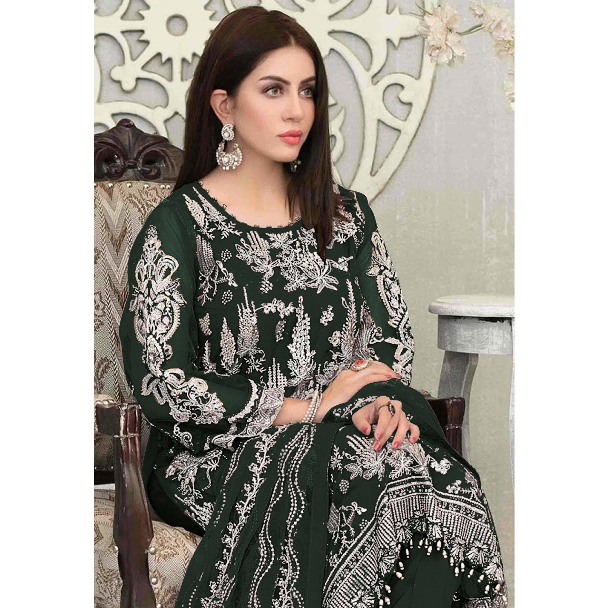 Green Floral Embroidered Georgette Pakistani Suit