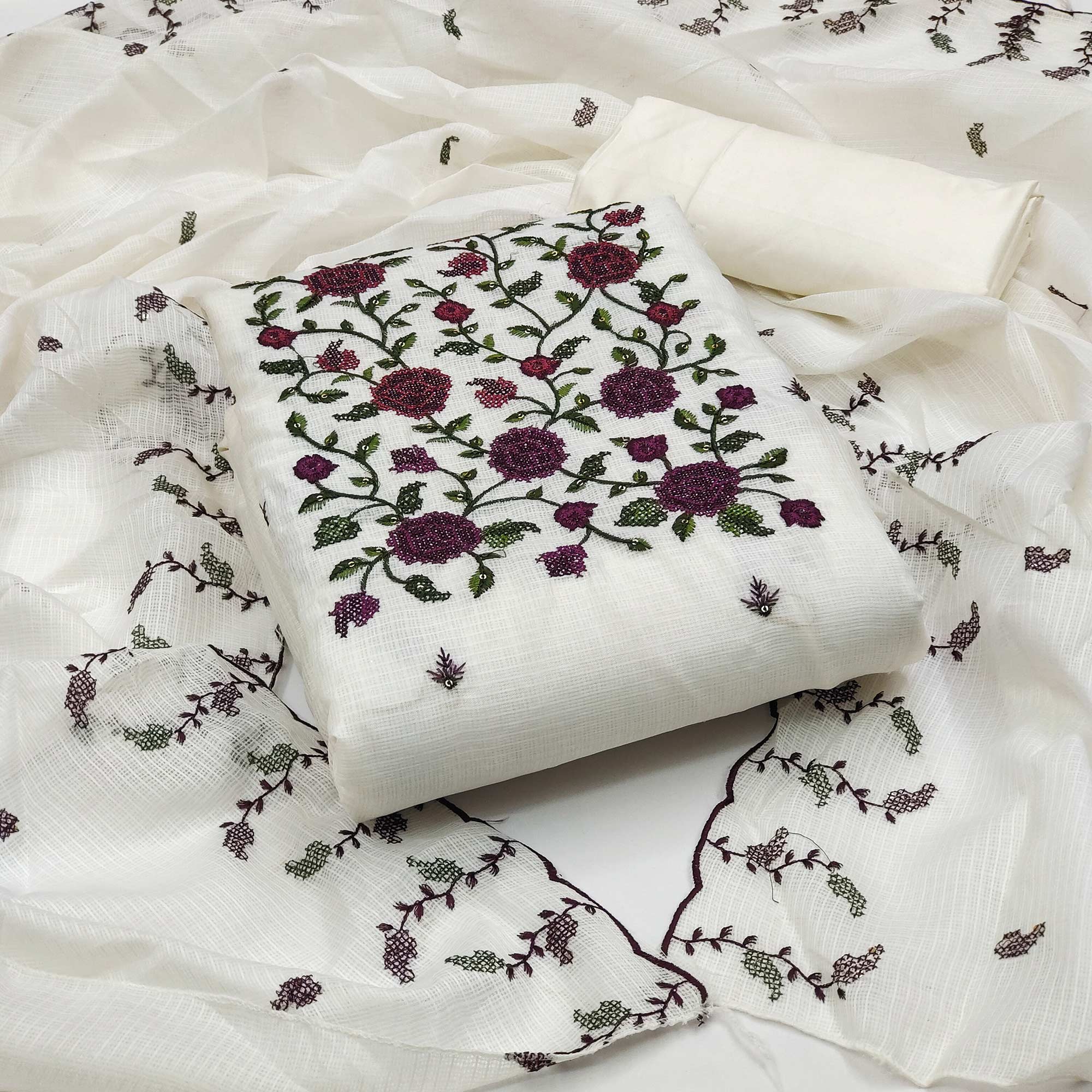 White Floral Sequins Embroidered Kota Doria Dress Material