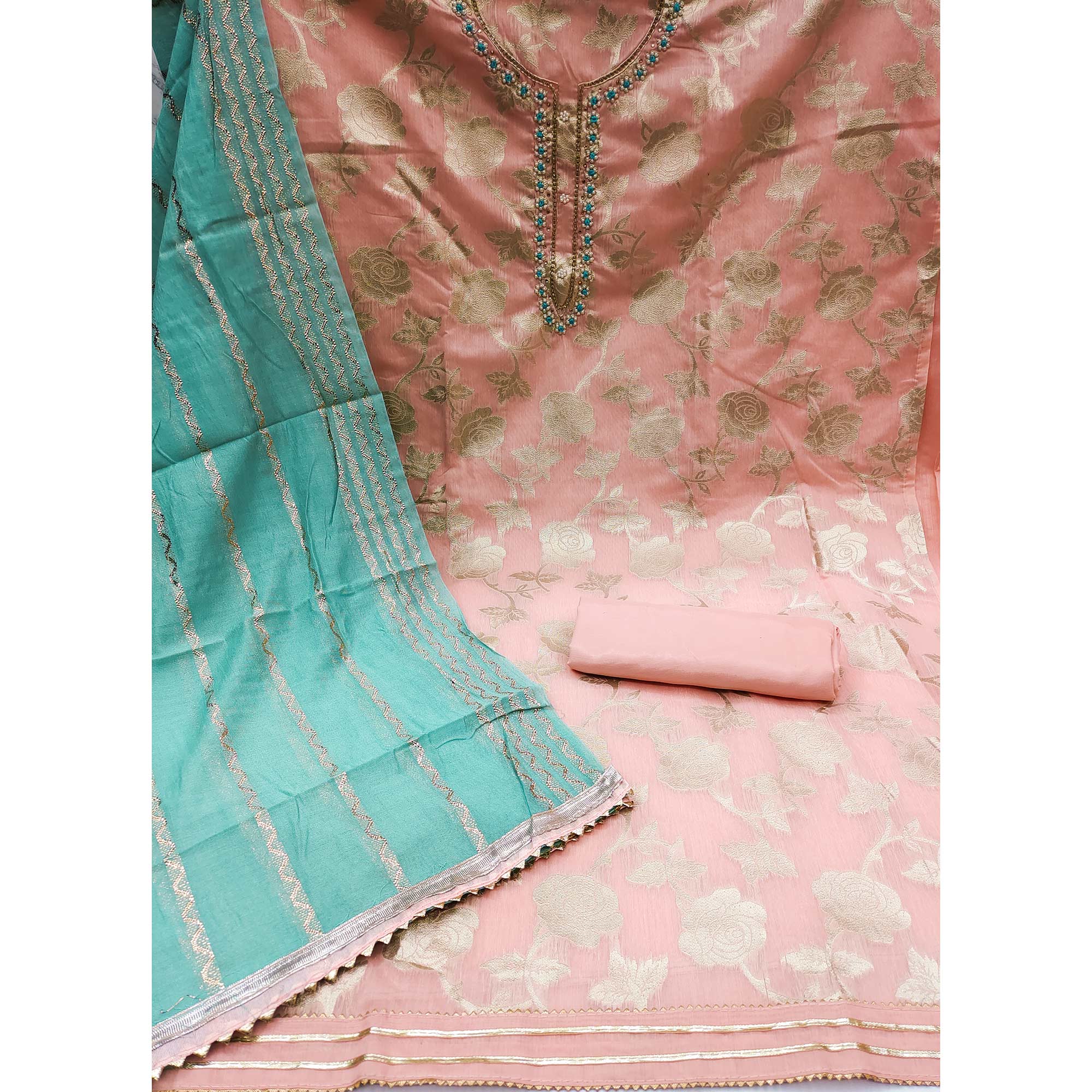 Peach Woven Banarasi Silk Dress Material