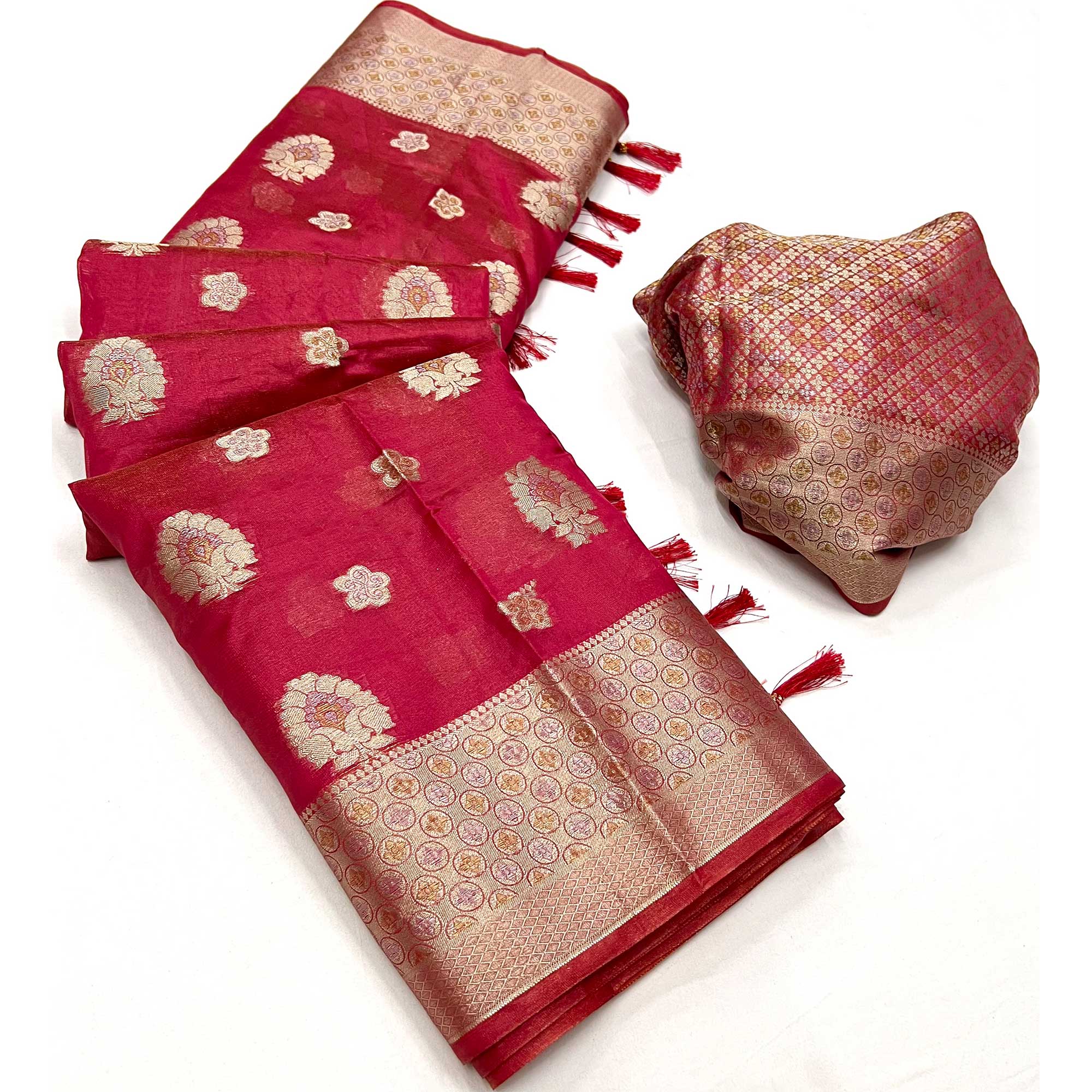 Red Floral Woven Organza Saree