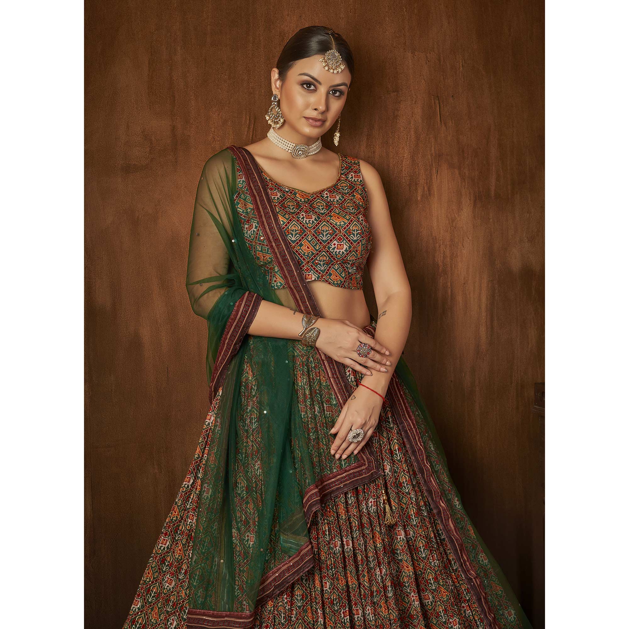 Green Printed With Sequins Work Georgette Lehenga Choli