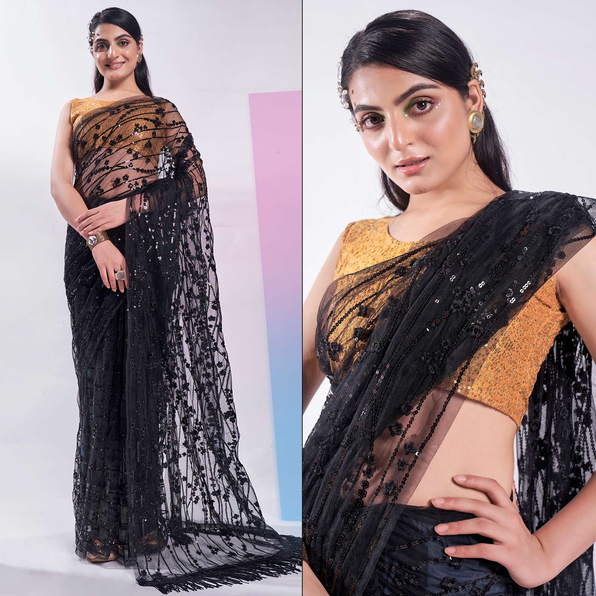 Black Floral Sequins Embroidered Soft Net Saree