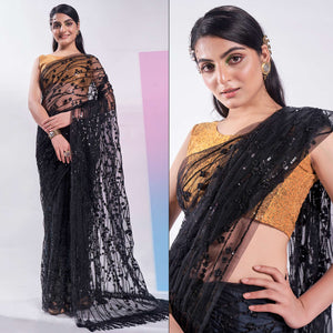 Black Floral Sequins Embroidered Soft Net Saree