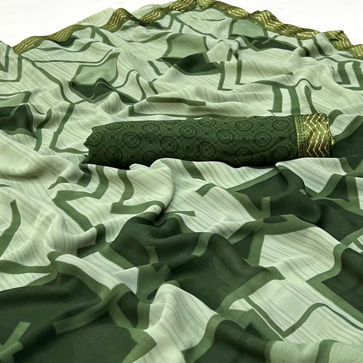 Pista Green Geometric Printed Georgette Saree