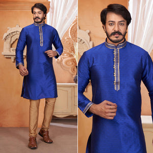 Blue Embroidered Jacquard Kurta Pyjama Set