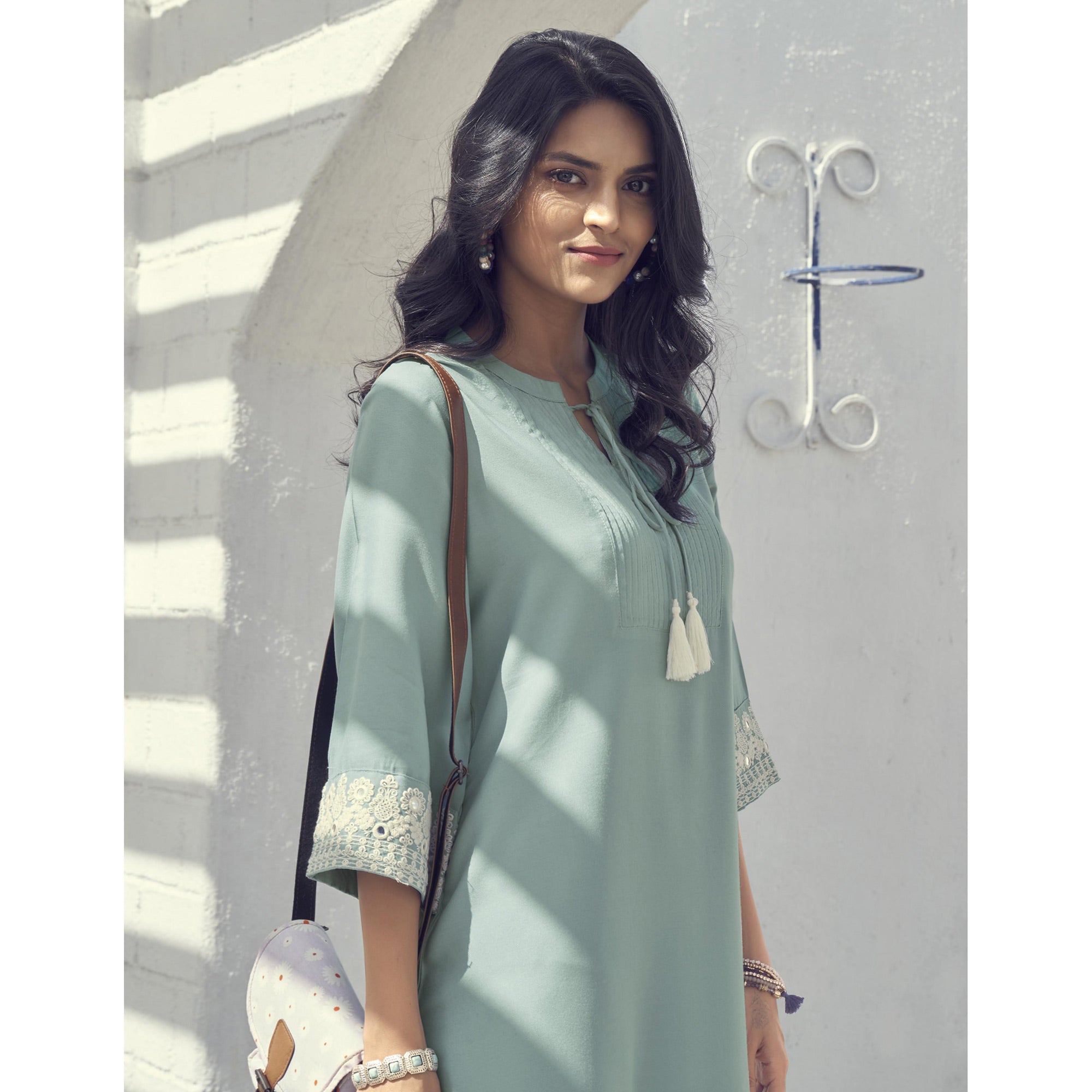 Sea Green Embroidered Rayon Tunic