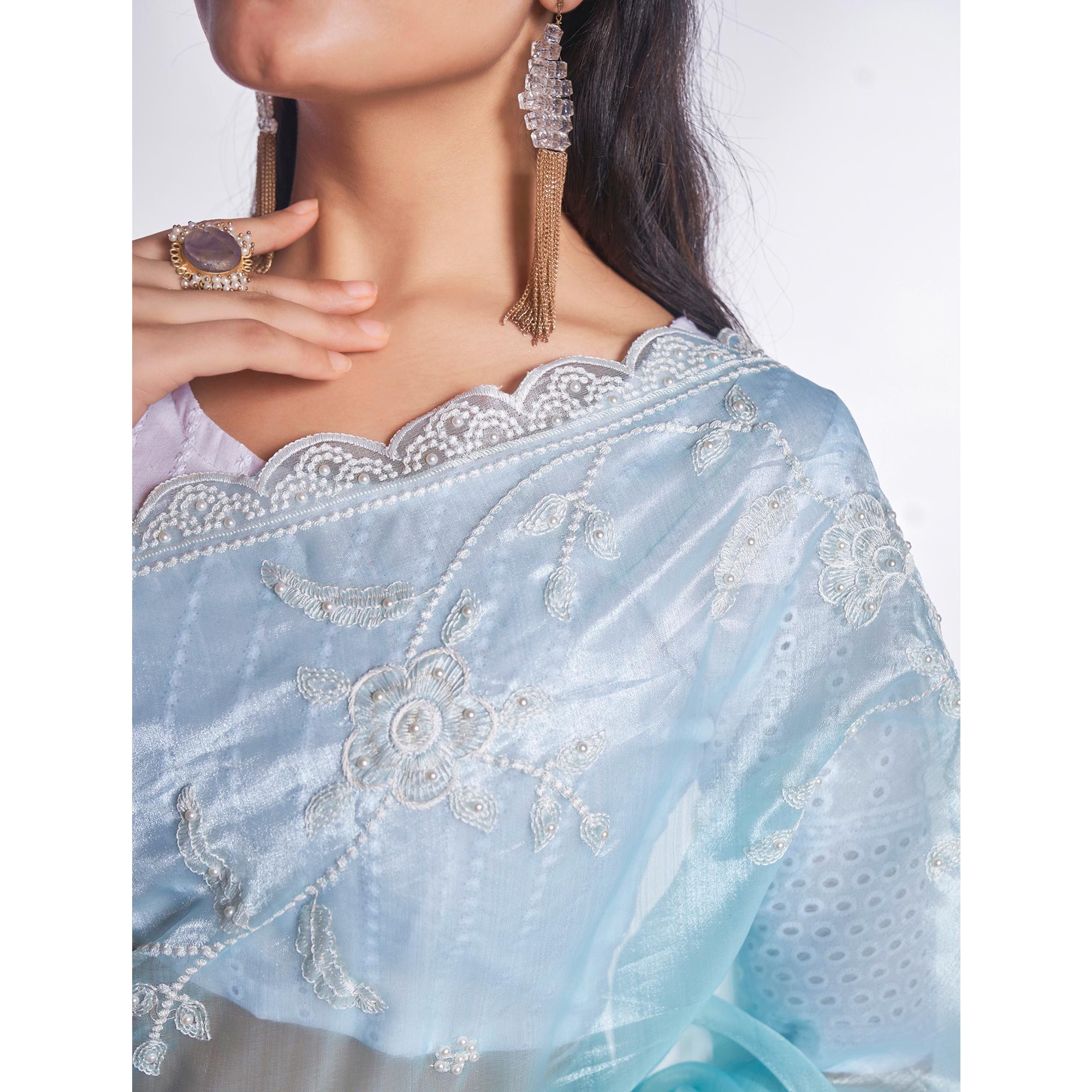 Blue Floral Embroidered Organza Saree