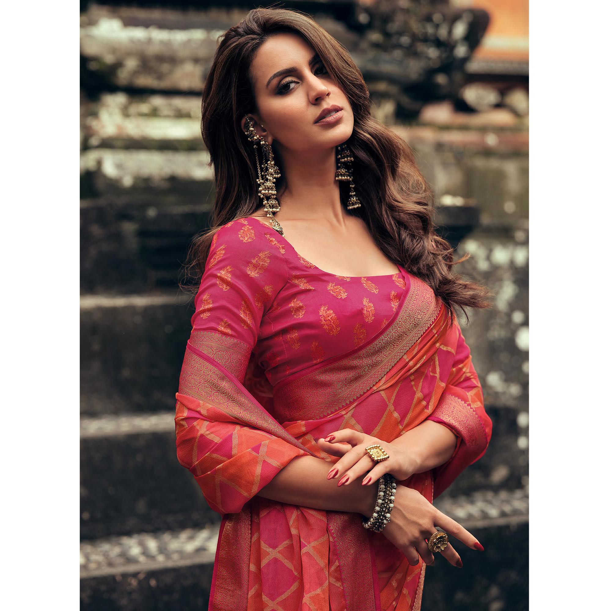 Peach & Pink Foil Printed Chiffon Saree