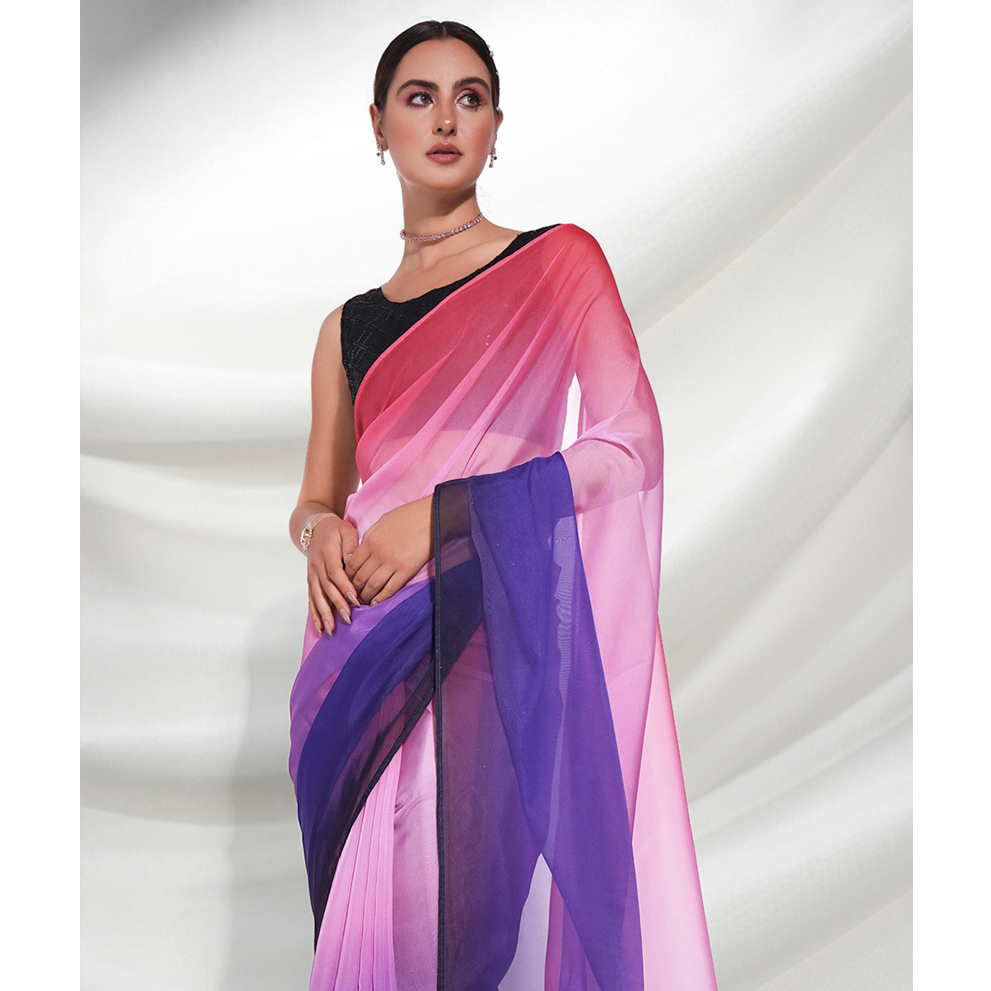 Violet And Pink Printed Organza Saree