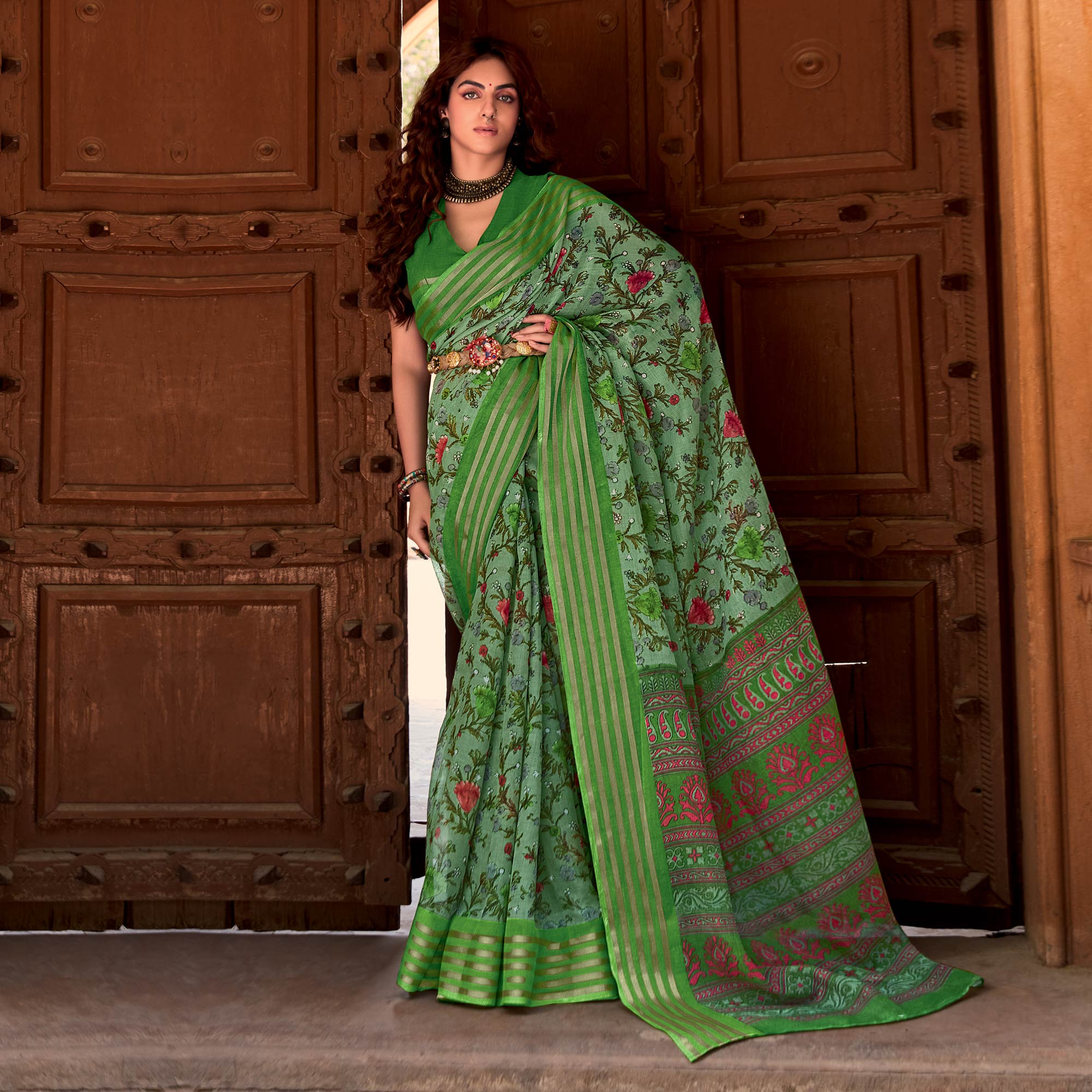 Green Floral Printed Linen Saree