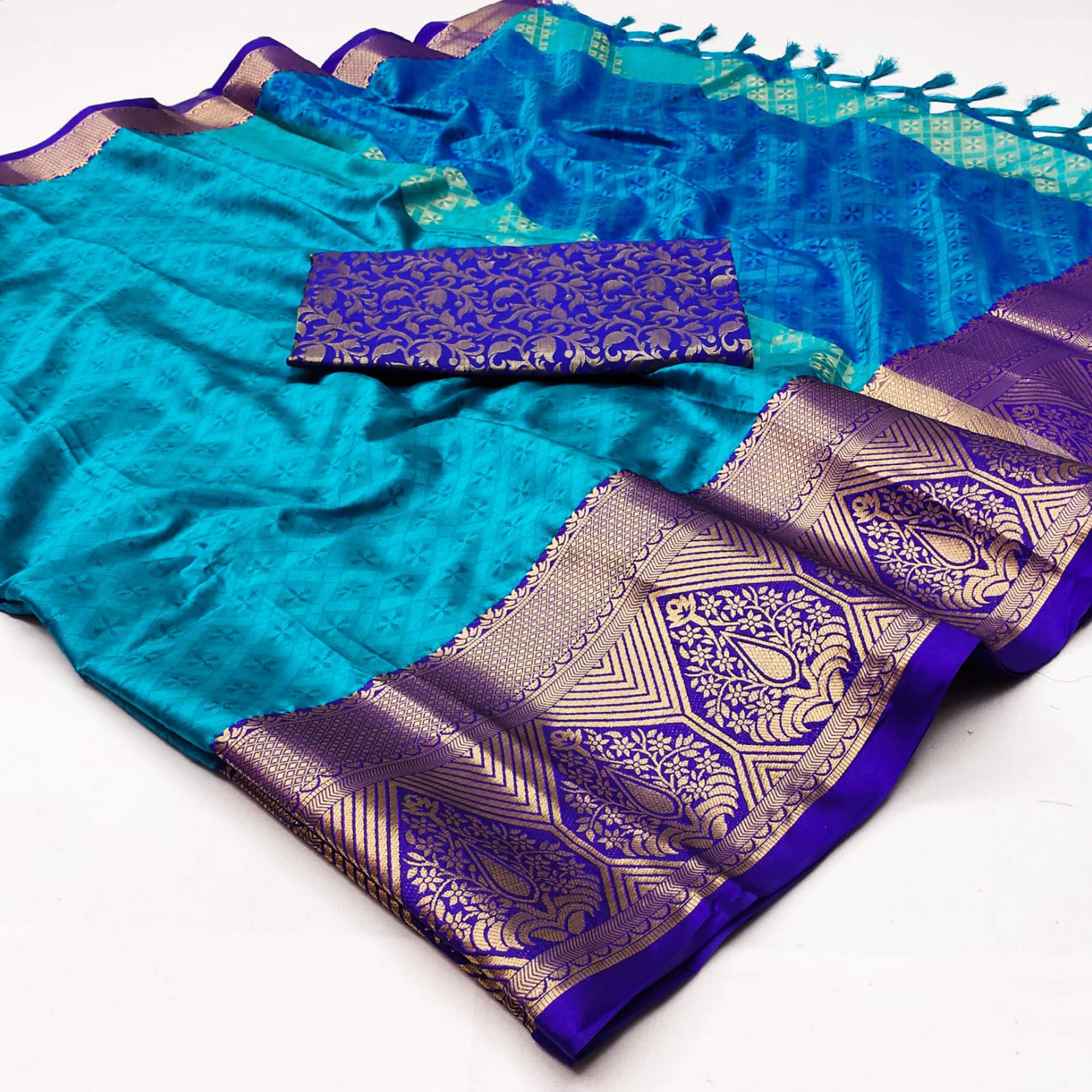 Blue Woven Cotton Silk Saree With Tassels