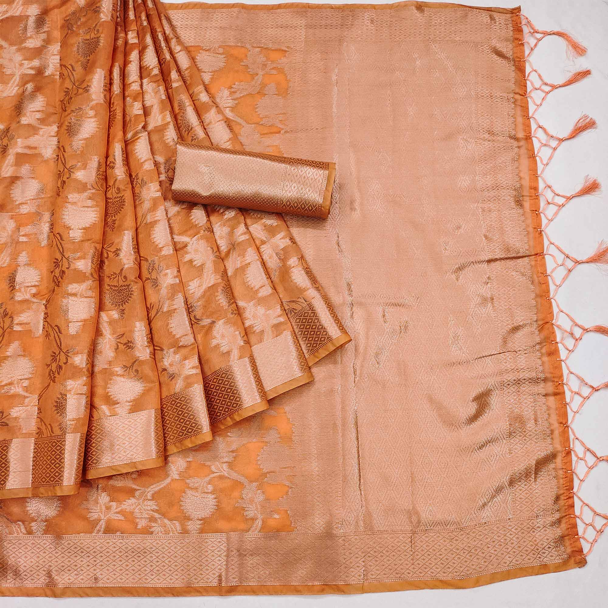 Orange Floral Woven Organza Saree