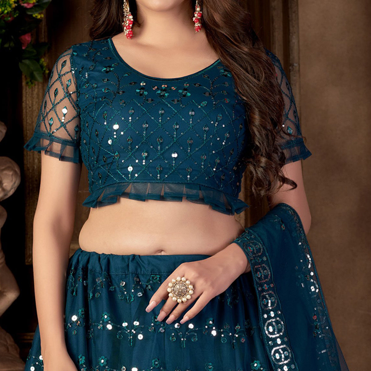 Teal Blue Sequins Embroidered Netted Lehenga Choli