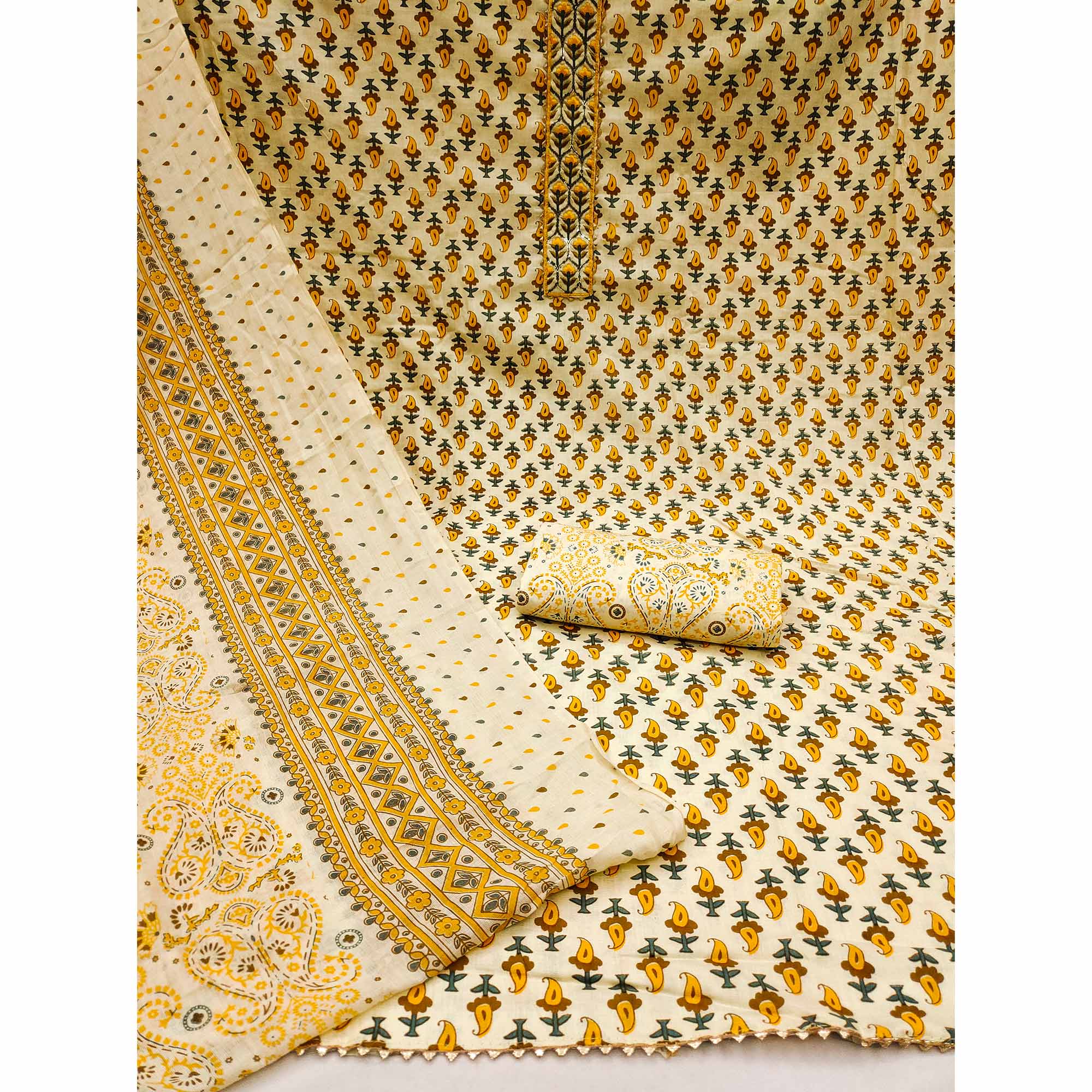 Yellow Printed Cotton Dress Material
