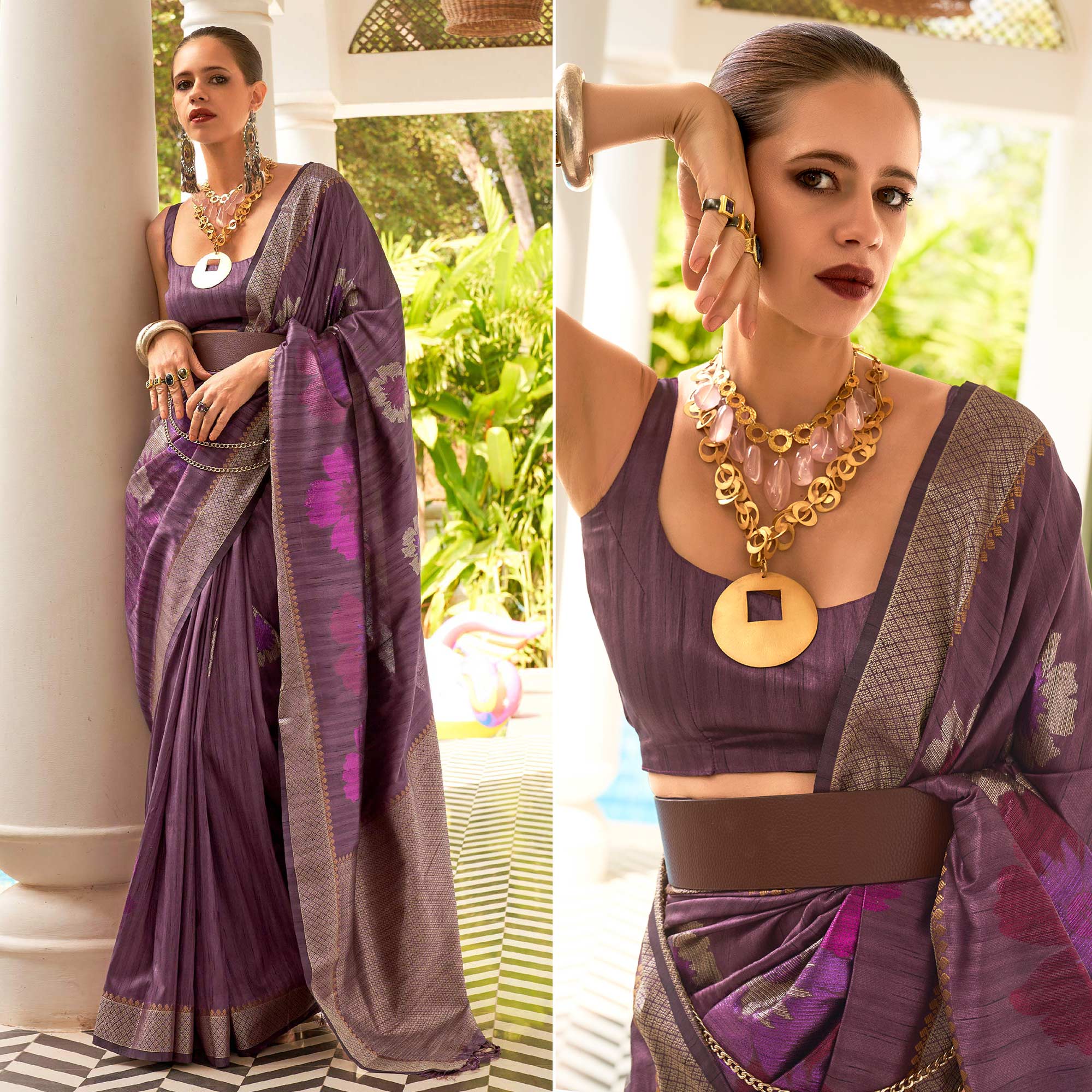 Purple Woven Art Silk Saree With Tassels