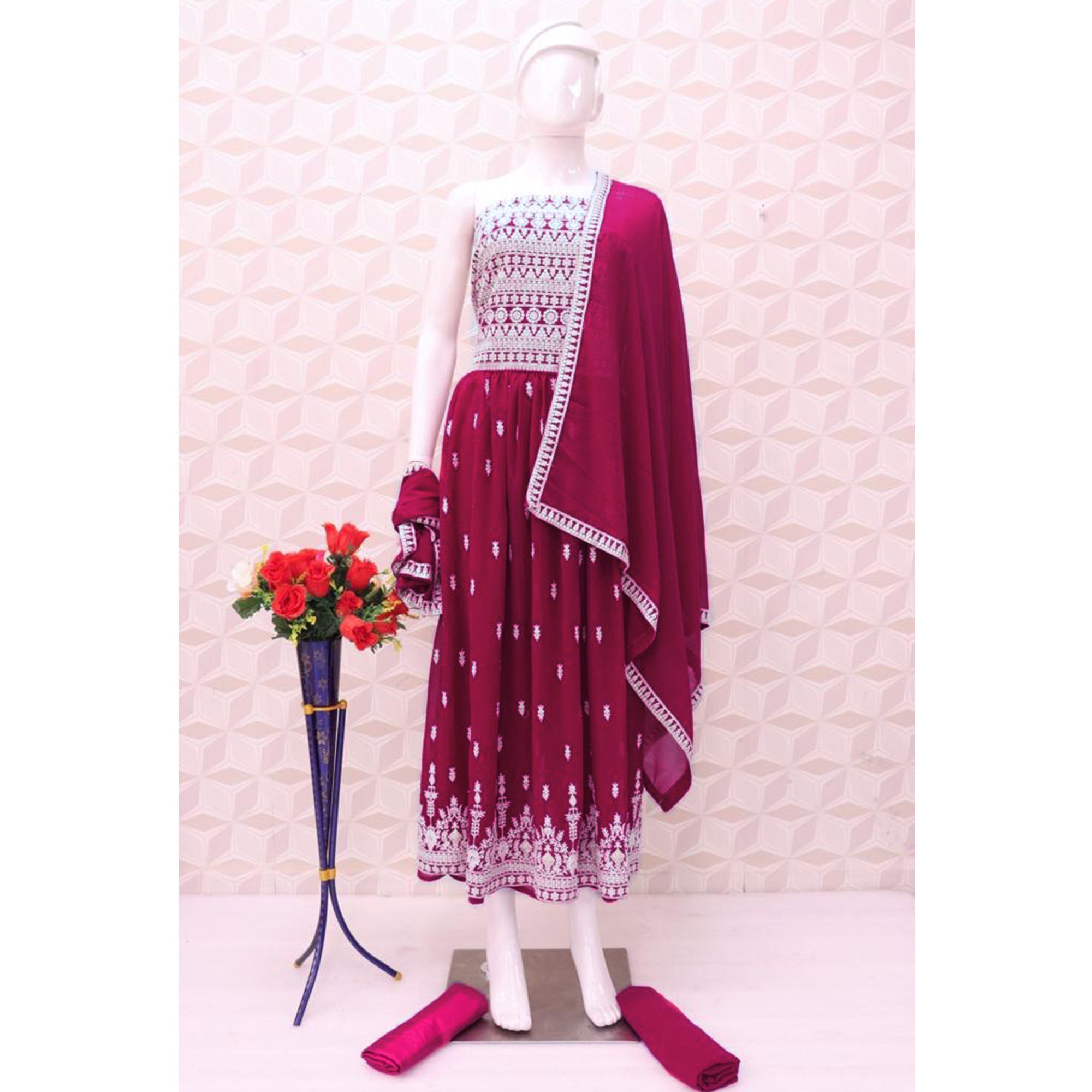 Pink Embroidered Georgette Naira Cut Semi Stitched Palazzo Suit