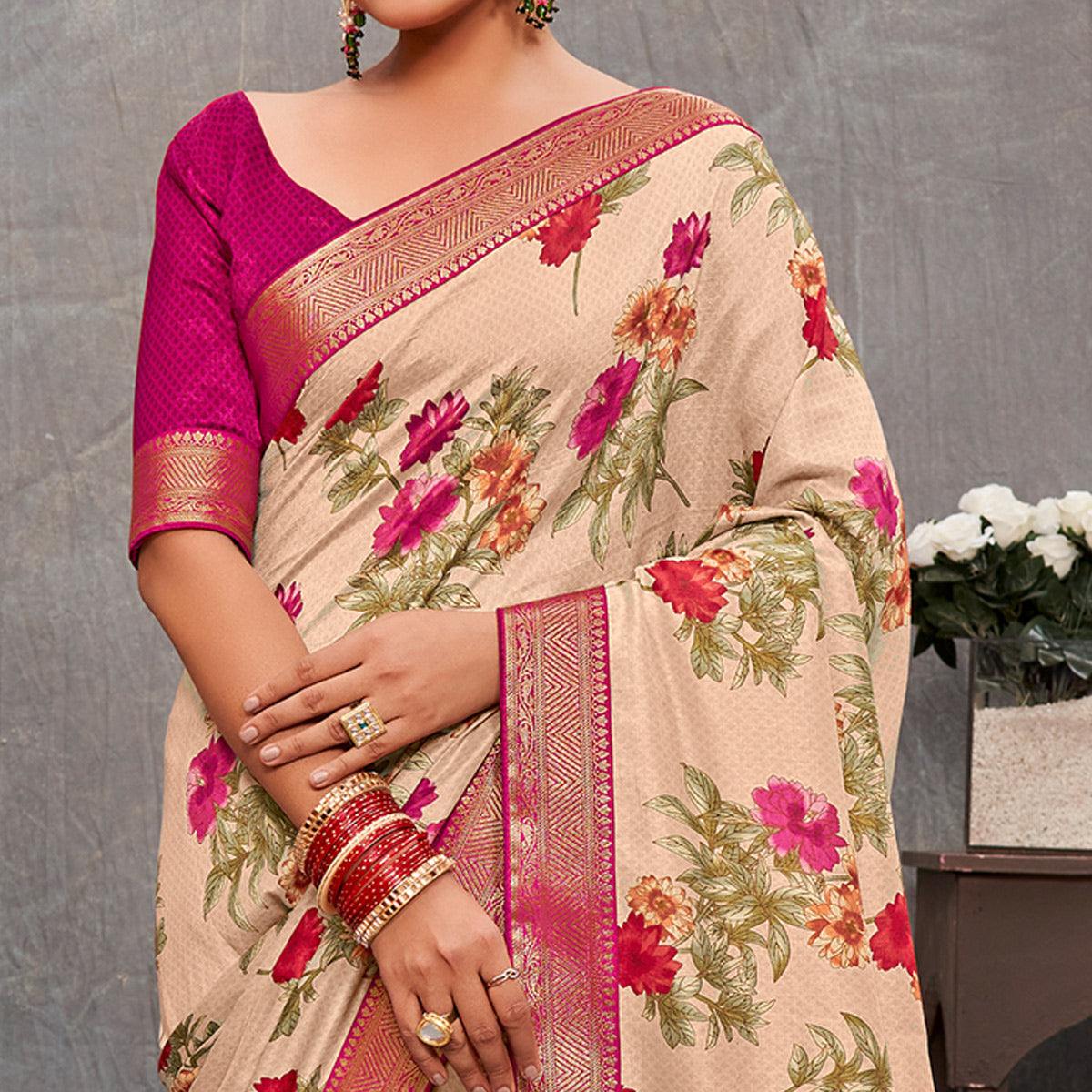 Beige Floral Printed Tussar Silk Saree