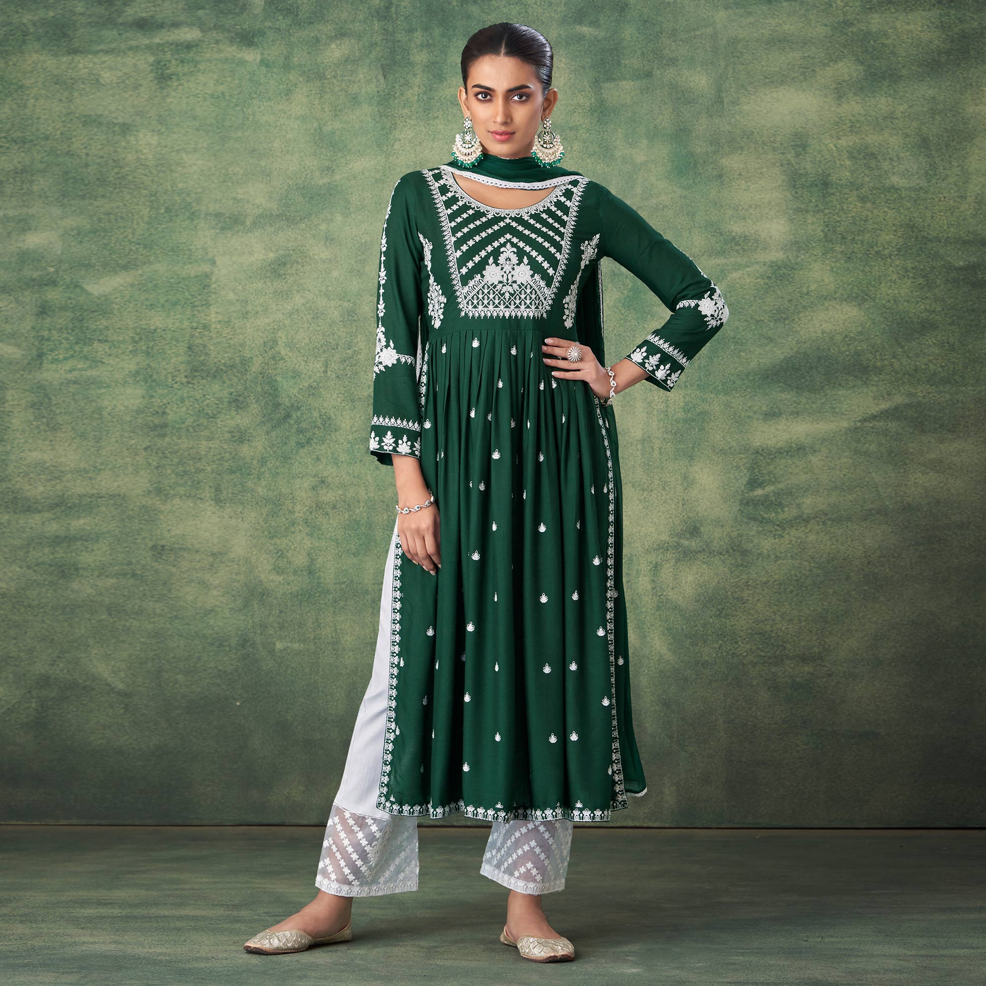 Green Lucknowi Work Rayon Naira Cut Palazzo Suit