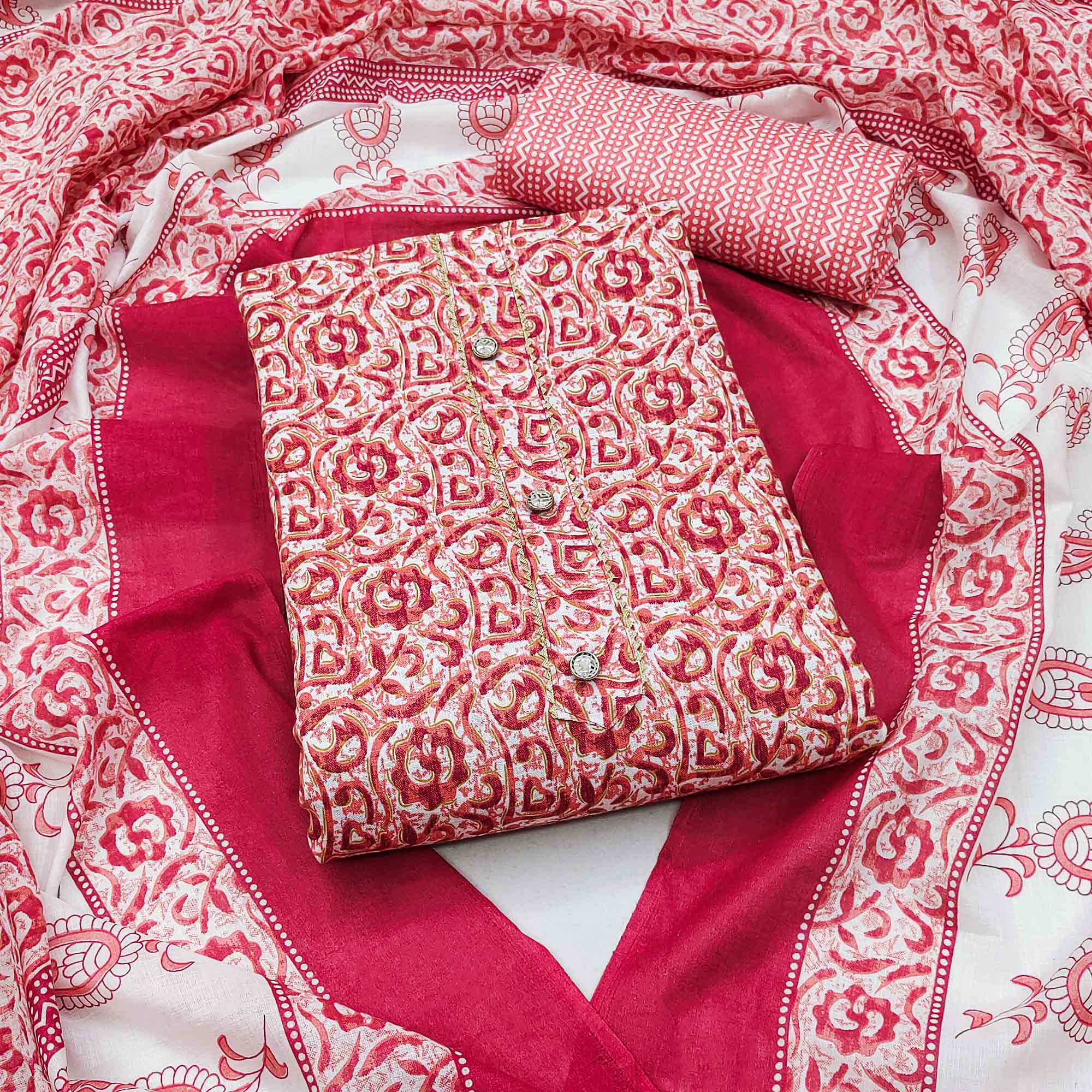 Pink Floral Printed Cotton Dress Material