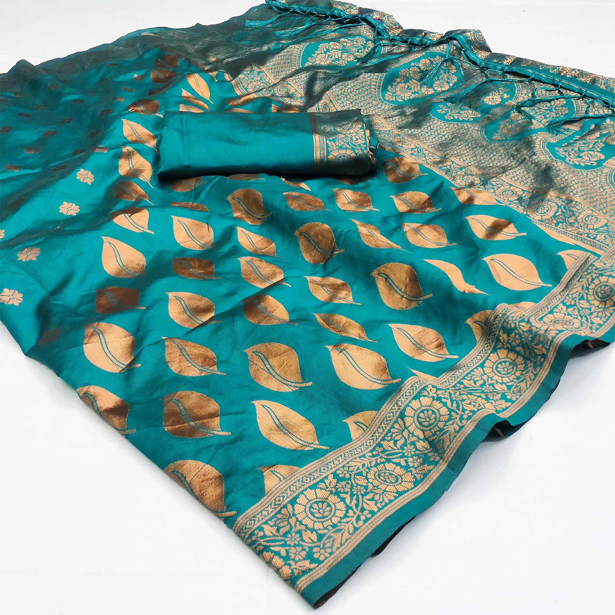Rama Green Woven Art Silk Saree With Tassels