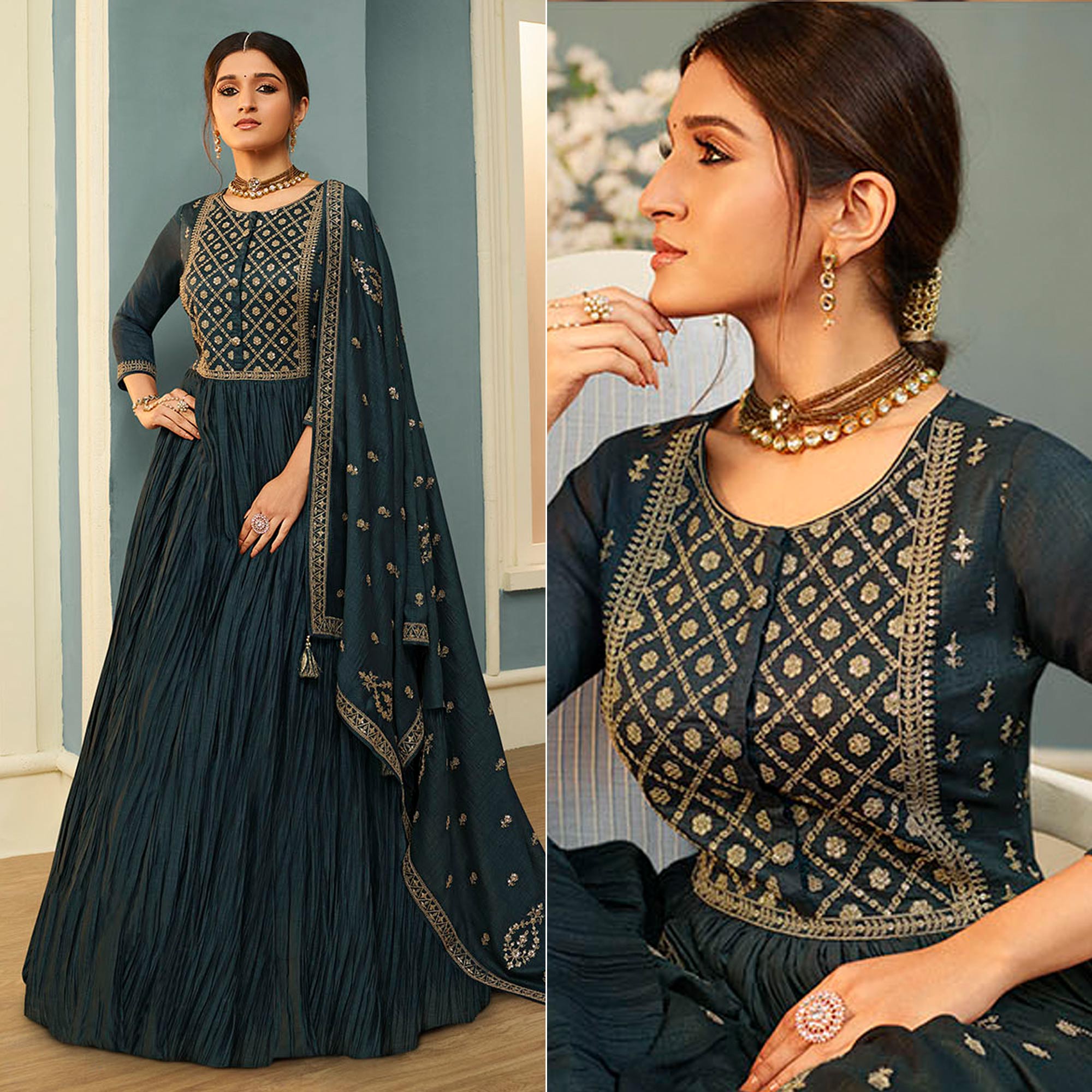 Grey Embroidered Georgette Gown