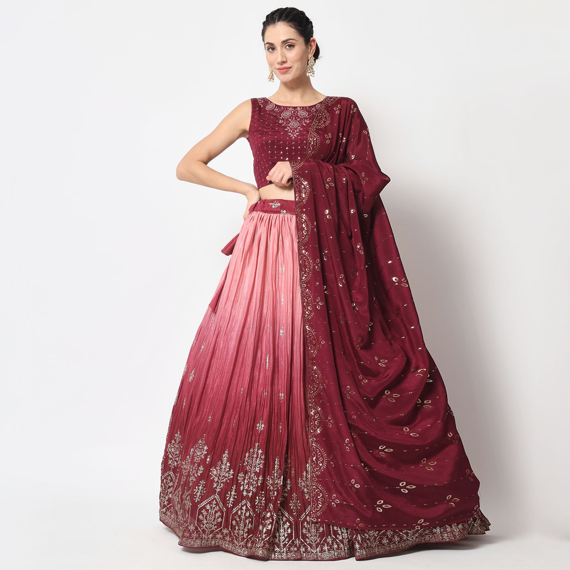 Pink & Maroon Foil Printed Chiffon Lehenga Choli
