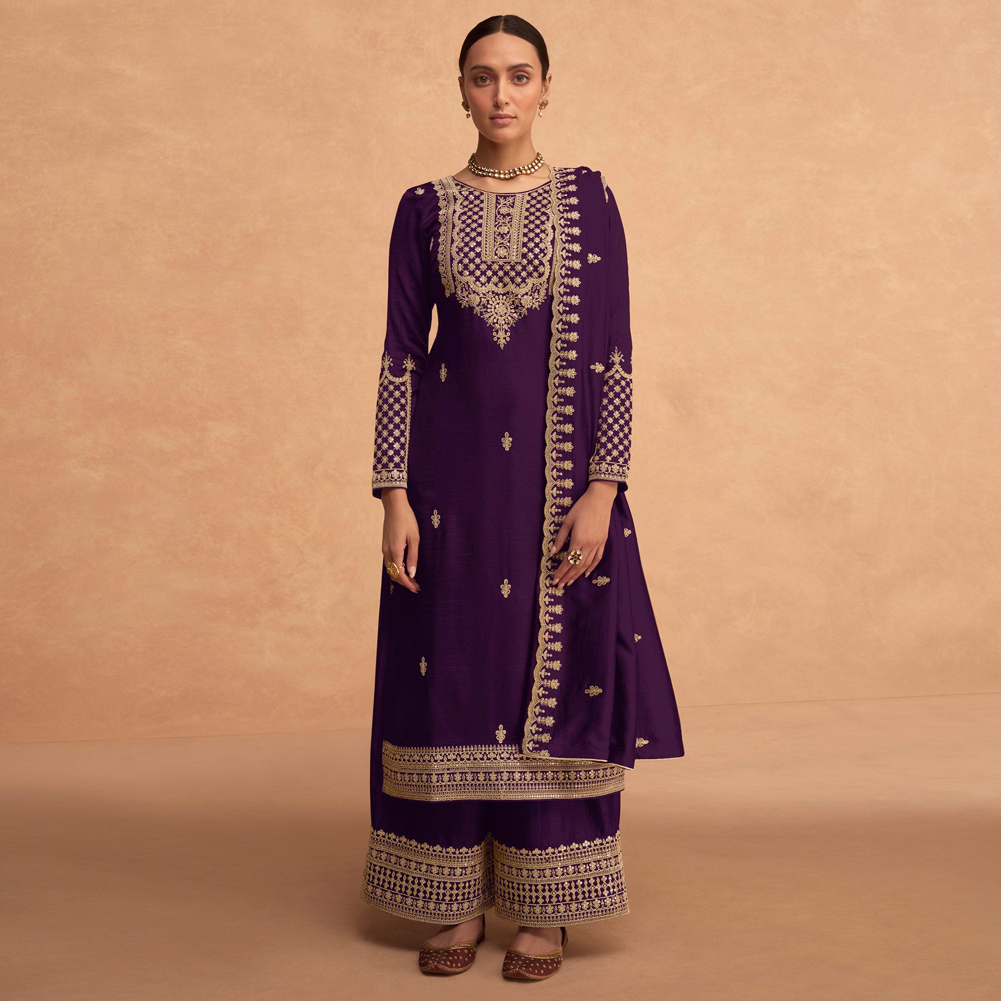 Purple Sequins Embroidered Georgette Palazzo Suit