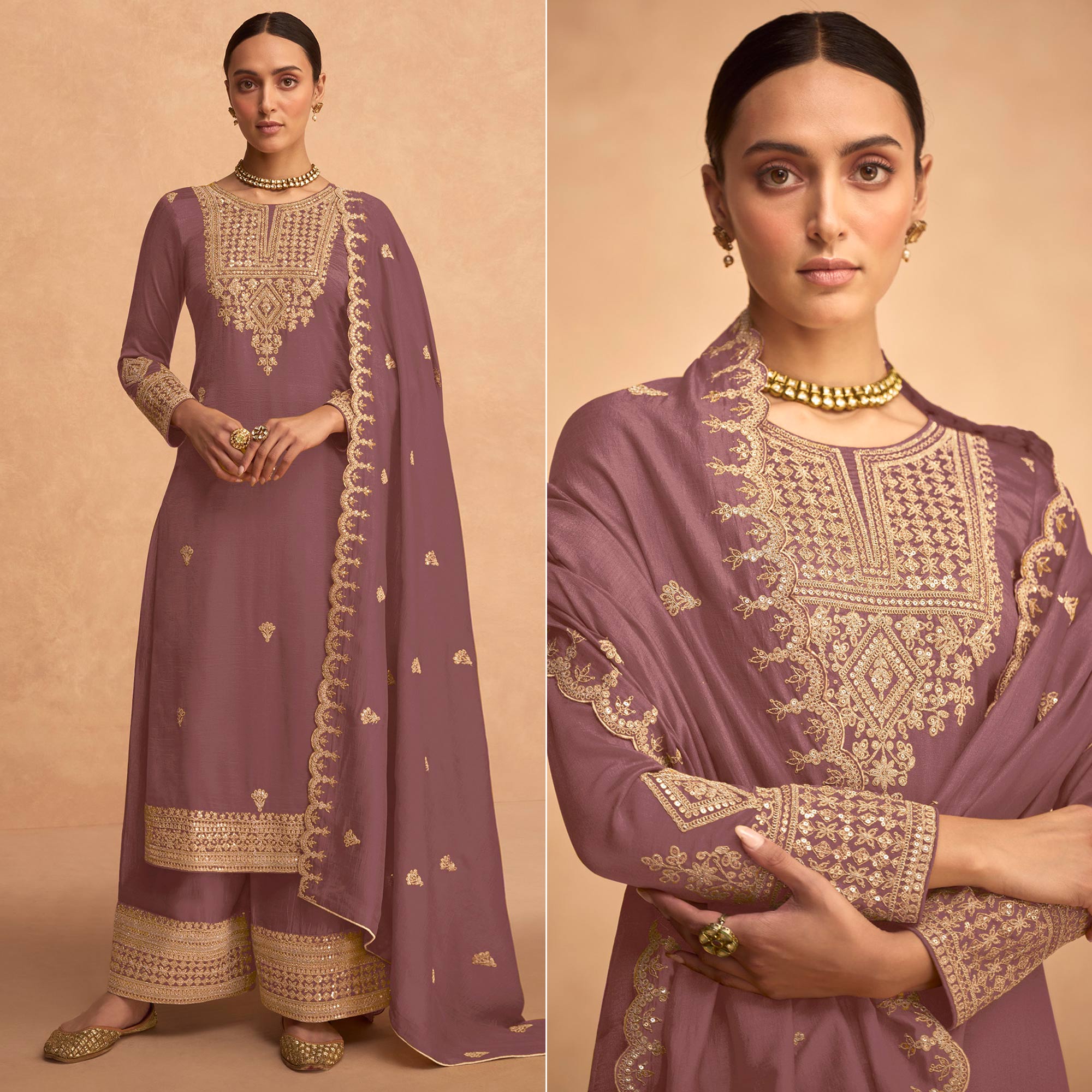 Mauve Sequins Embroidered Georgette Palazzo Suit