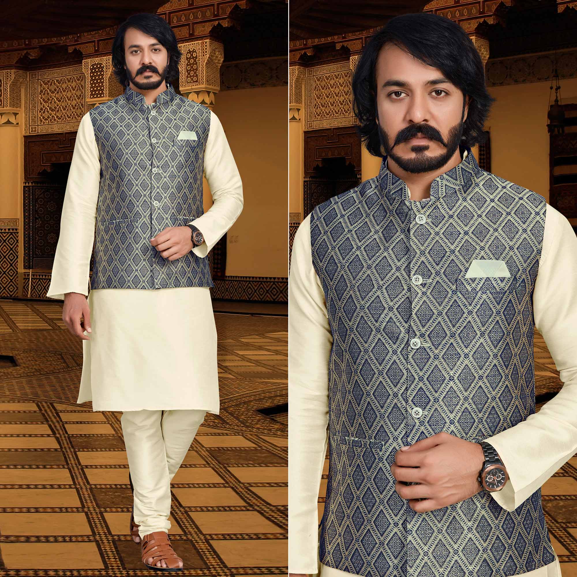Cream Blue Woven Art Silk Kurta Pyjama Set With Jacket