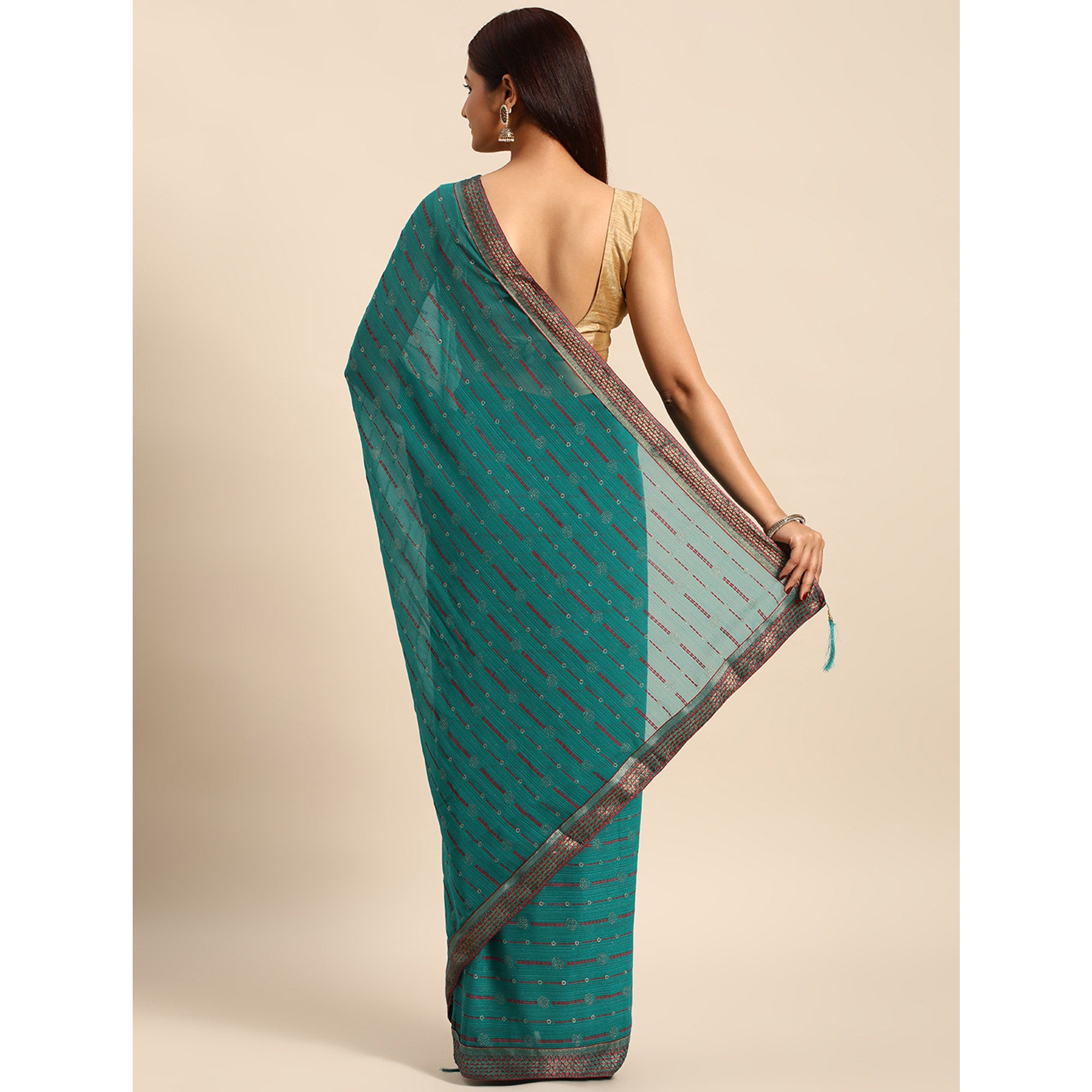 Turquoise Green Foil Printed Zomato Saree