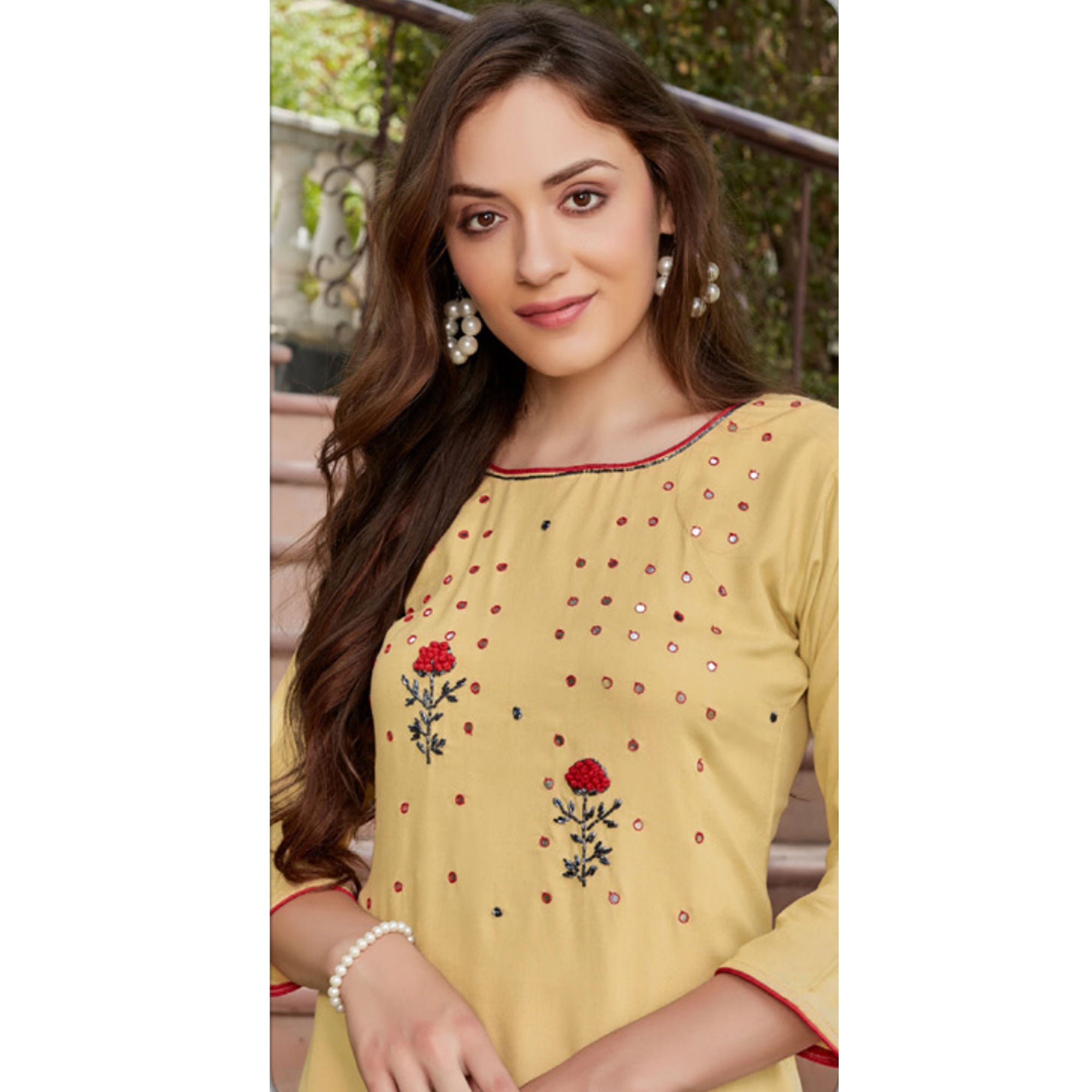 Light Yellow Embroidered Rayon Kurti