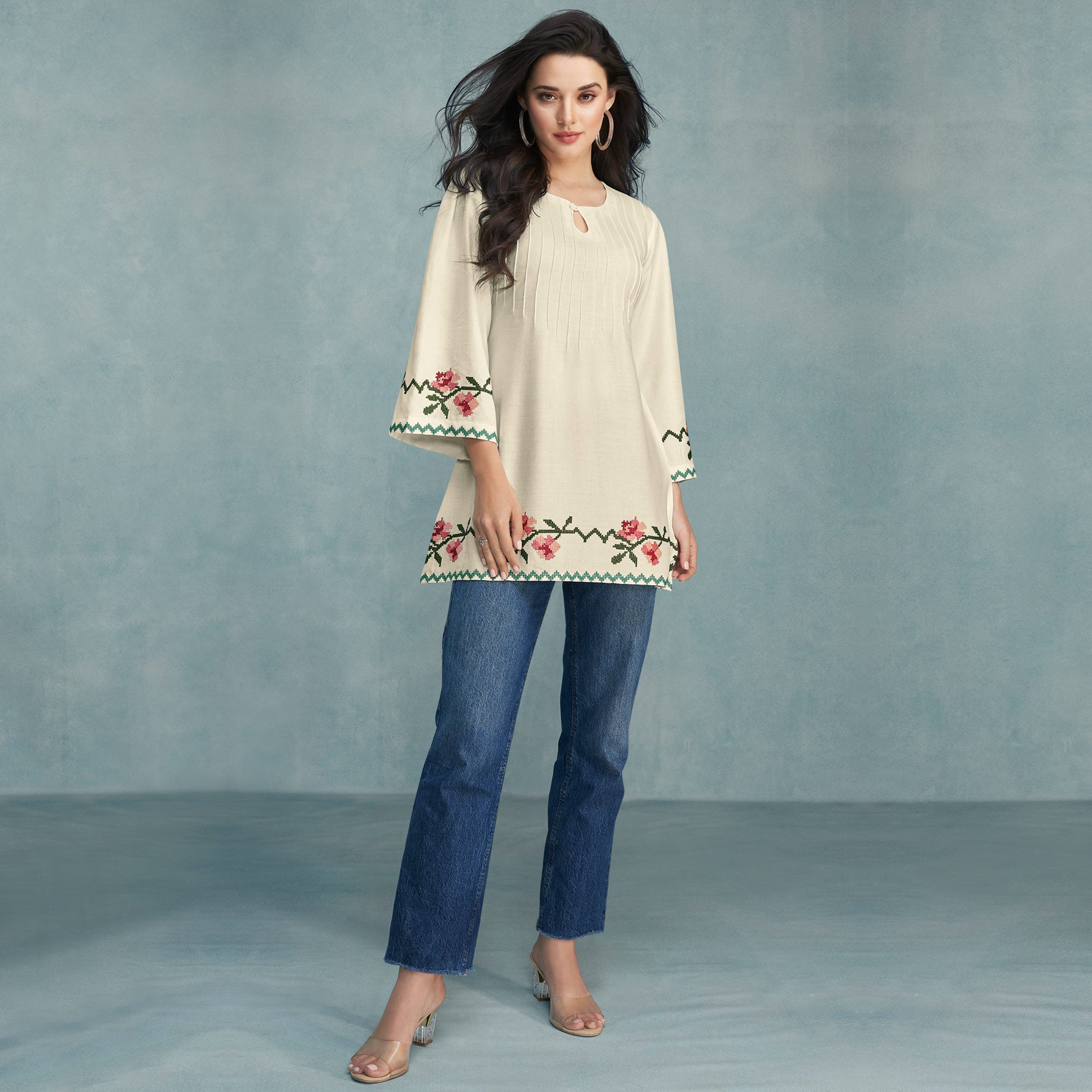 Cream Floral Embroidered Rayon Top