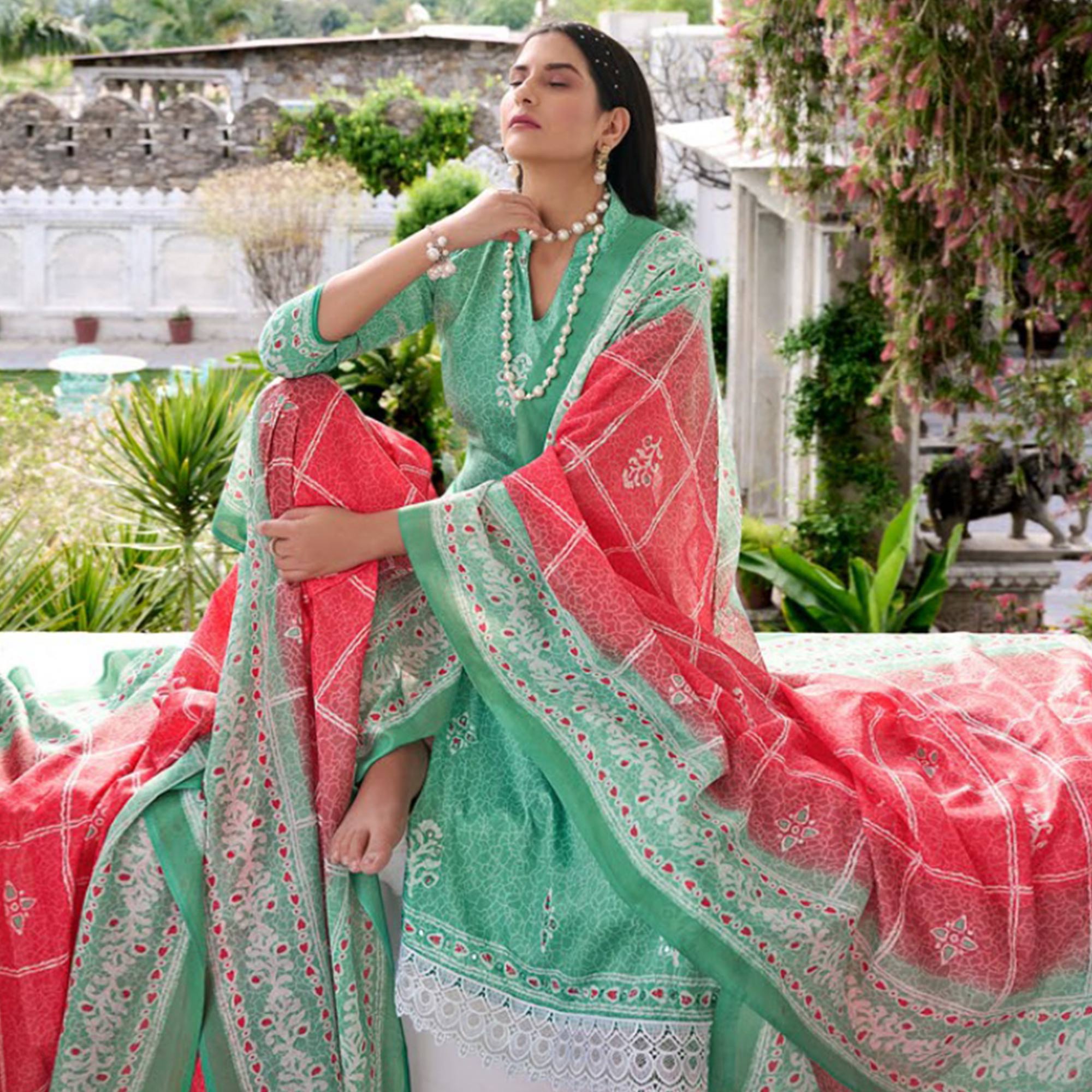 Sea Green Digital Printed With Mirror Work Pure Cotton Suit