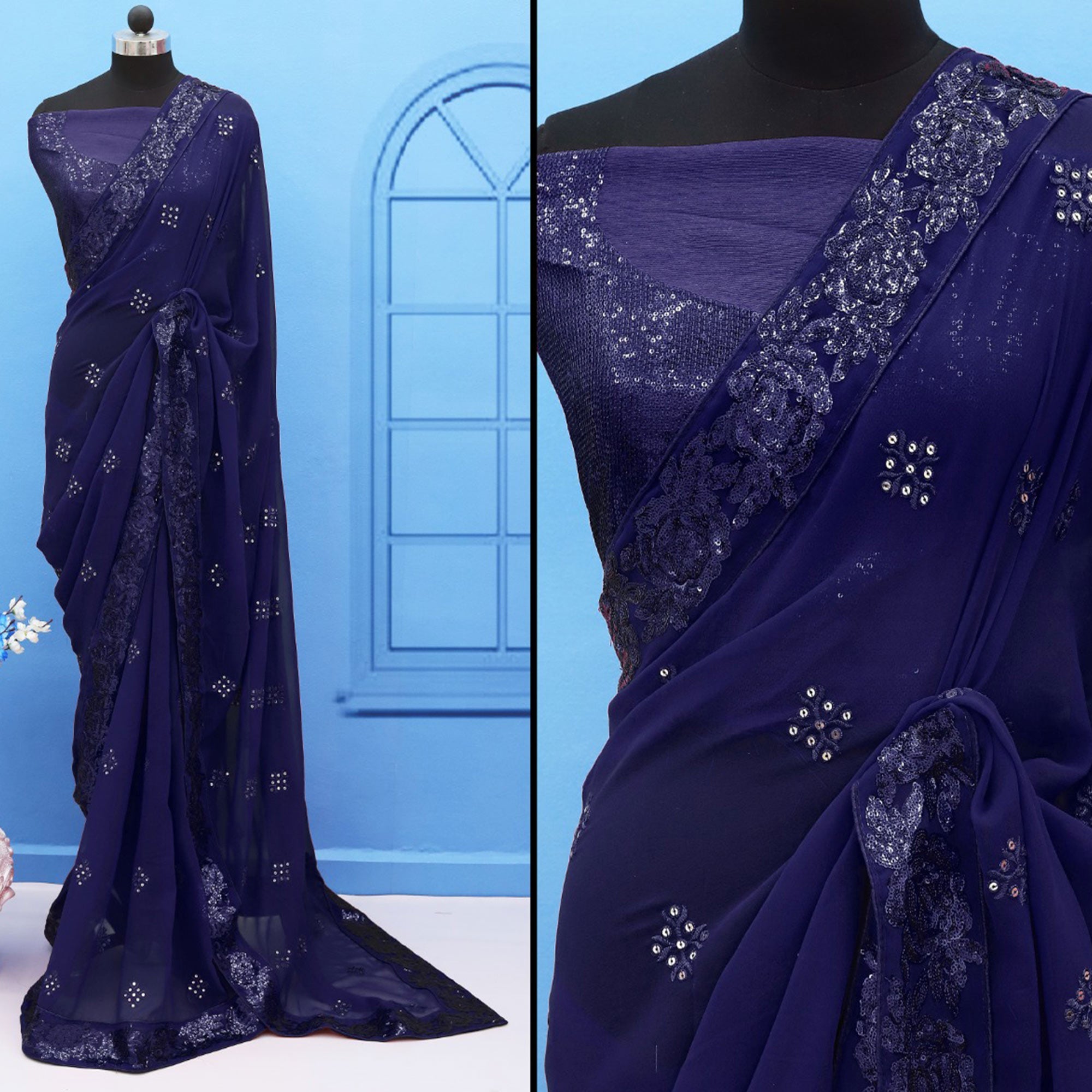 Navy Blue Sequins Emroidered Georgette Saree