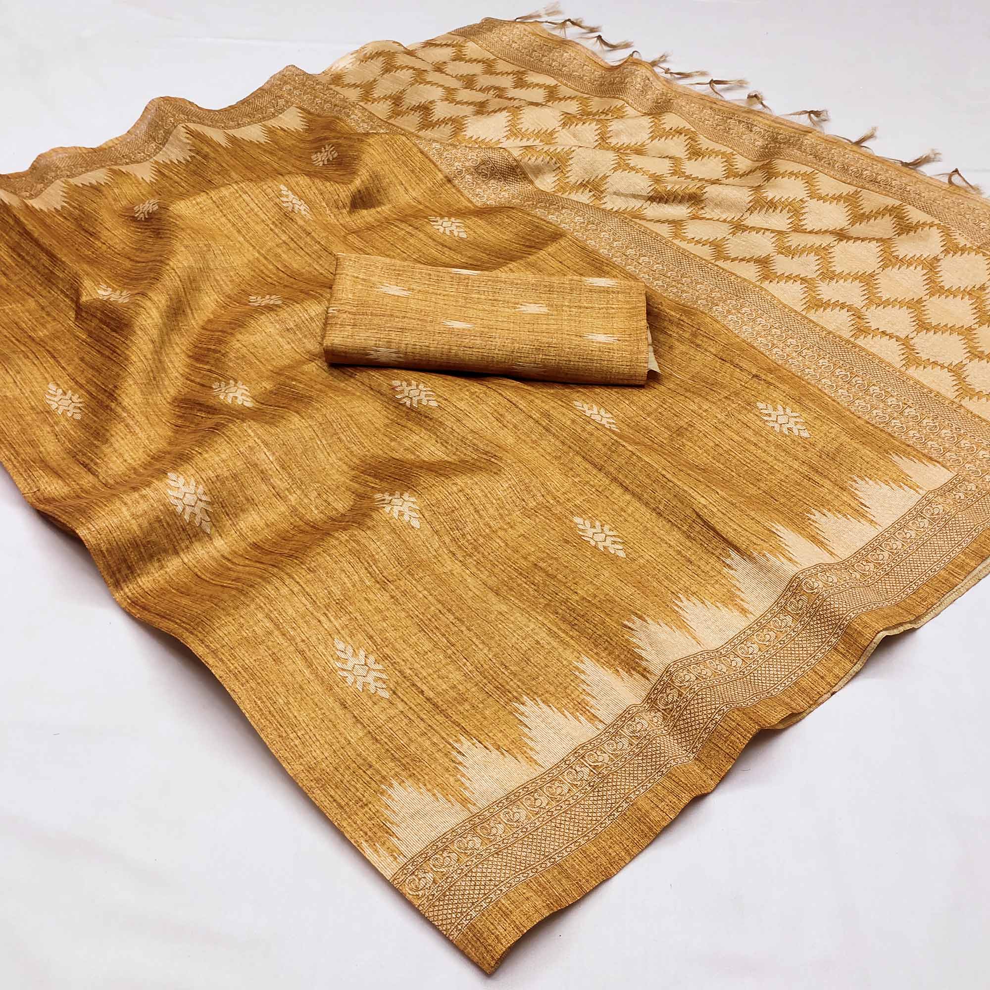 Mustard Printed Tussar Silk Saree With Tassels