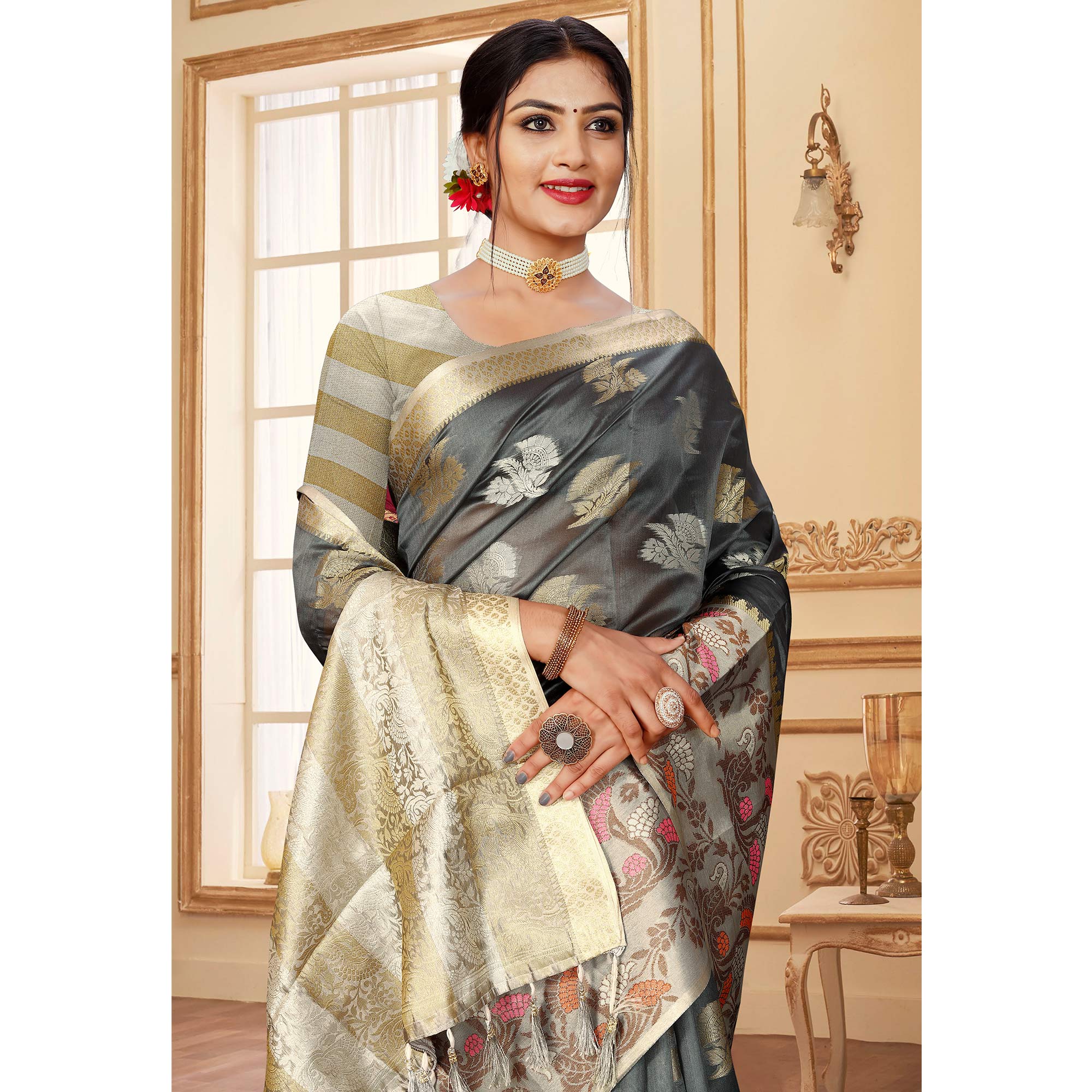 Grey Floral Woven Organza Saree With Tassels