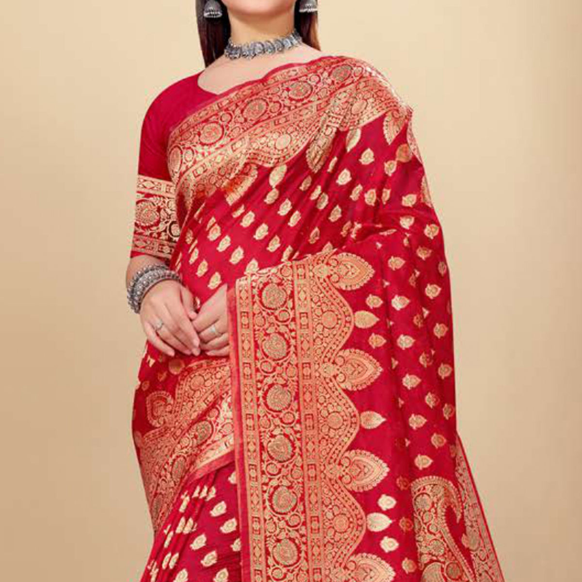 Red Woven Art Silk Saree With Tassels