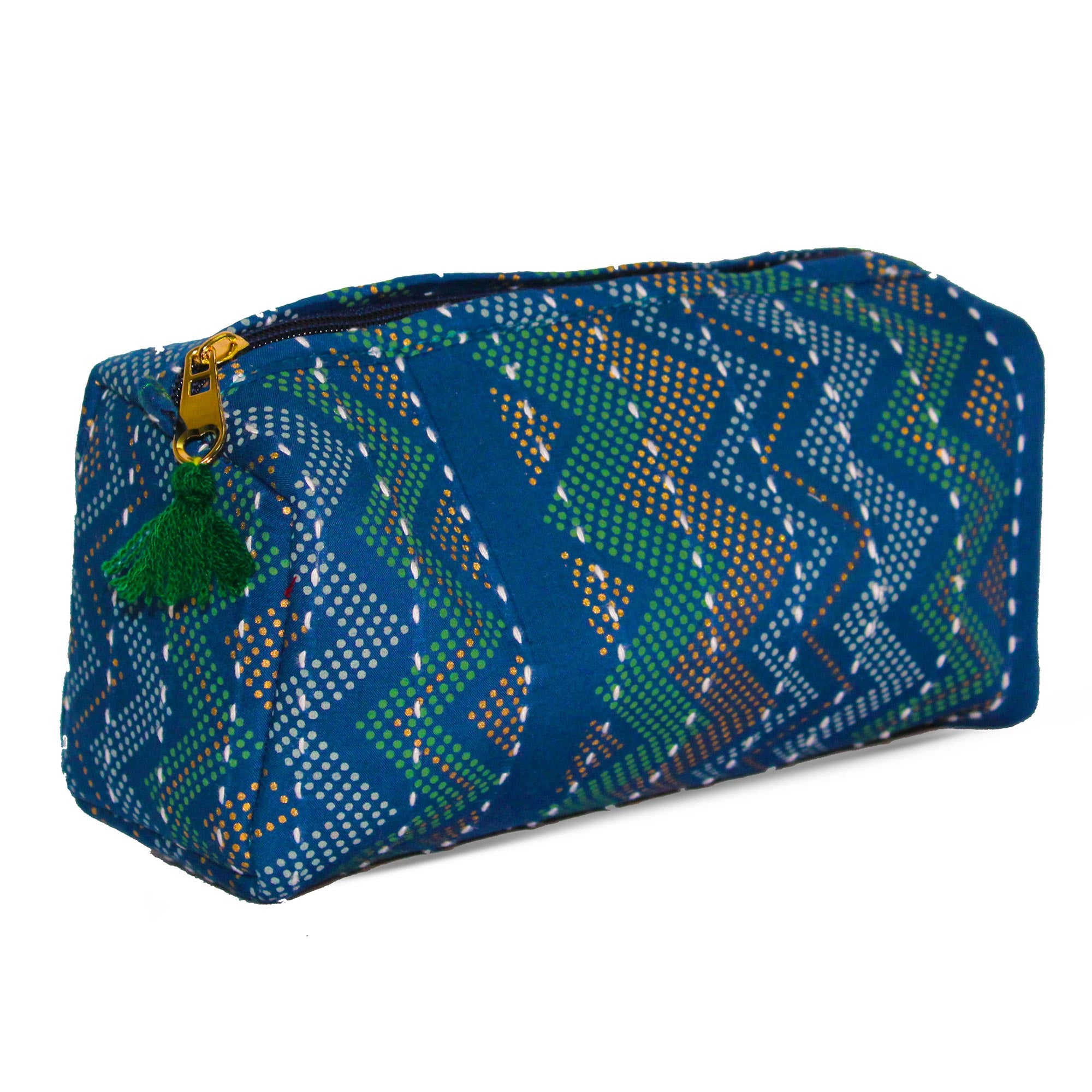 TMN - Women Blue Printed With Embroidered Vegan Leather Cosmetic Pouch