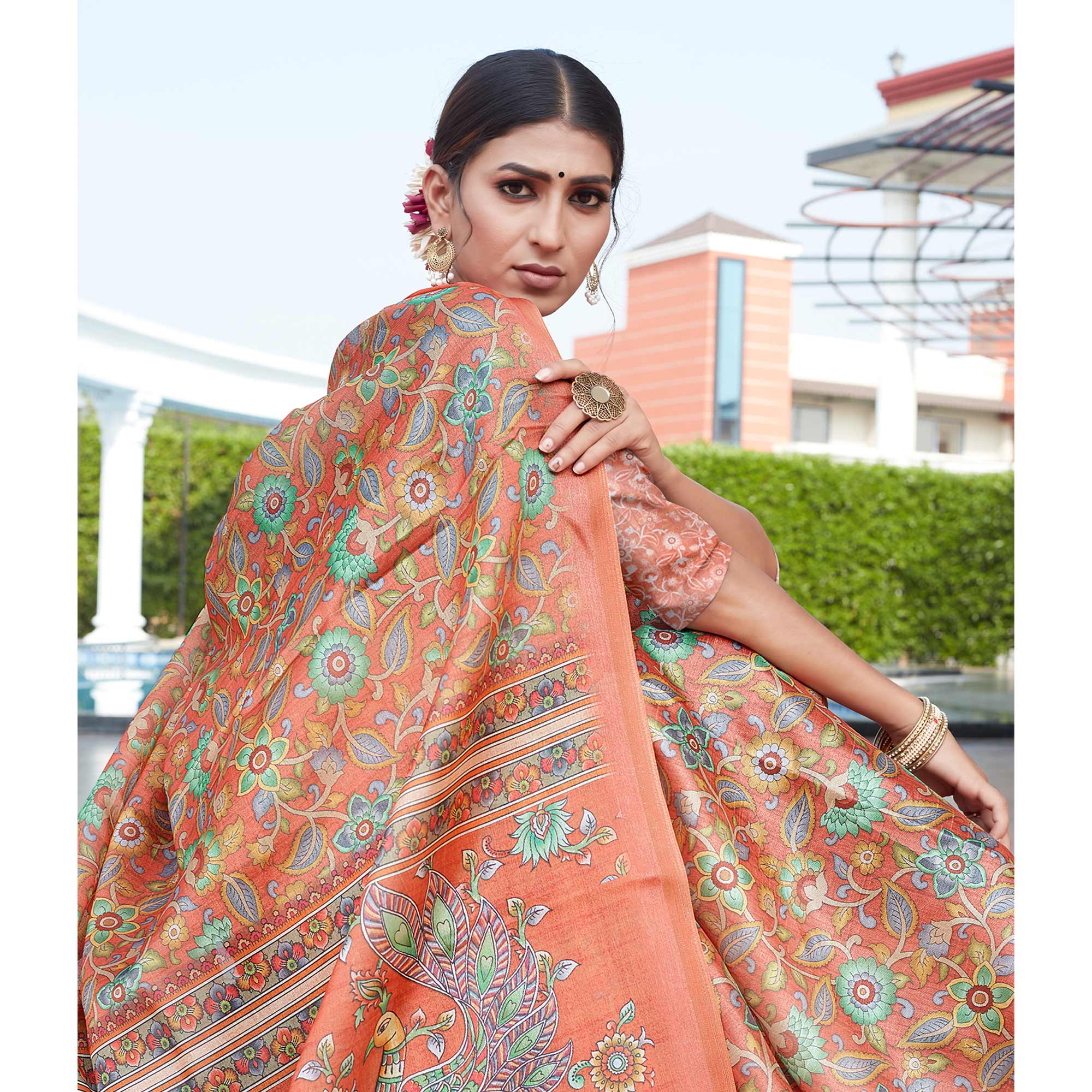 Peach Floral Digital Printed Cotton Silk Saree