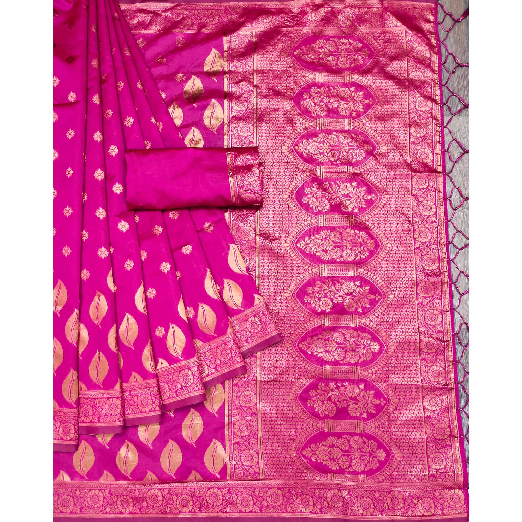 Pink Woven Art Silk Saree With Tassels