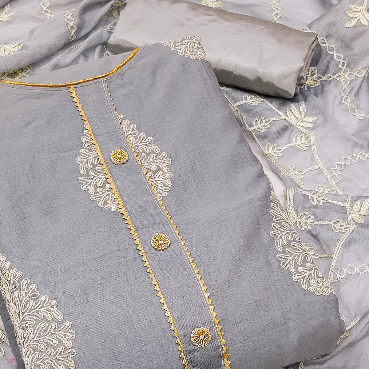 Grey Embroidered Chanderi Dress Material