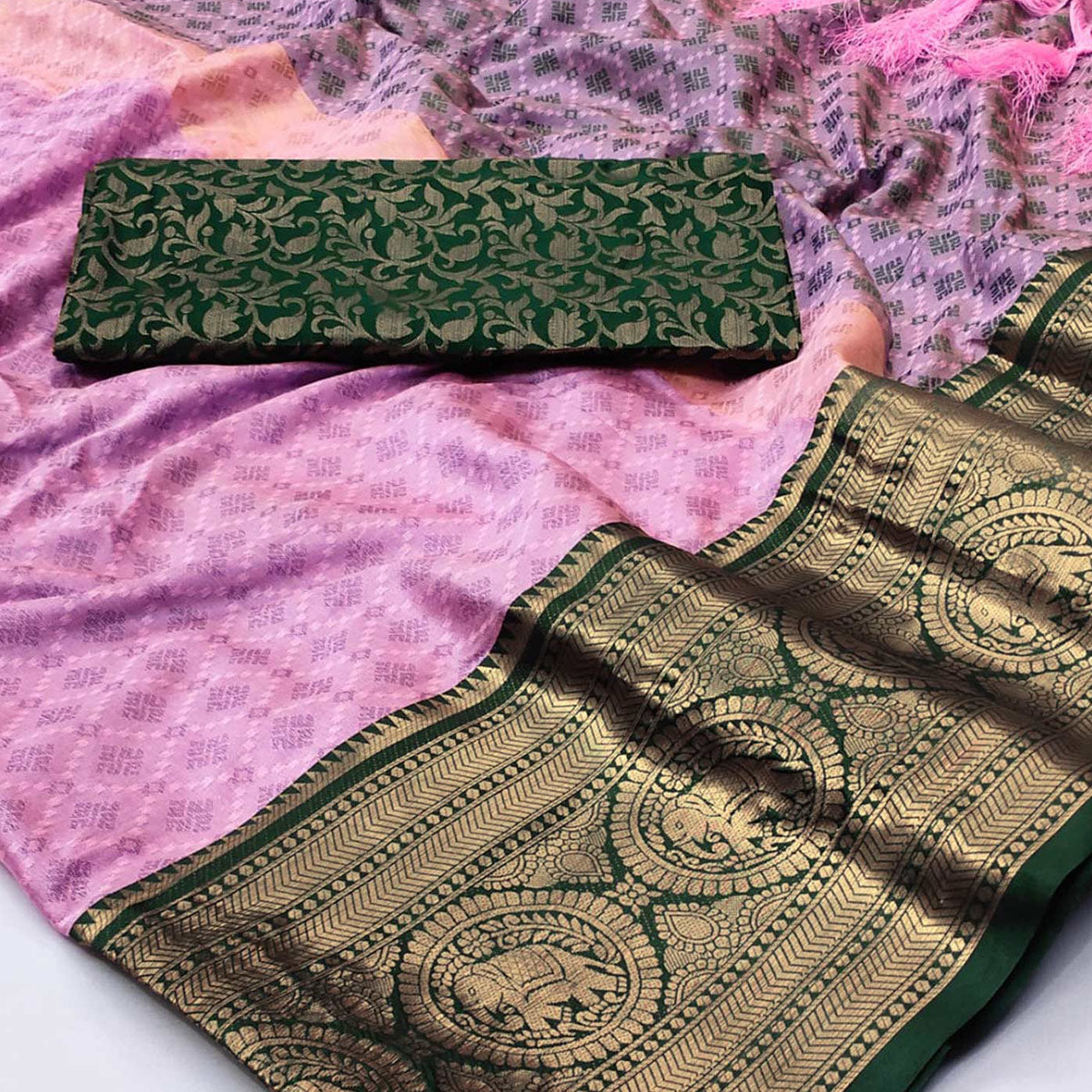 Baby Pink Woven Cotton Silk Saree With Tassels