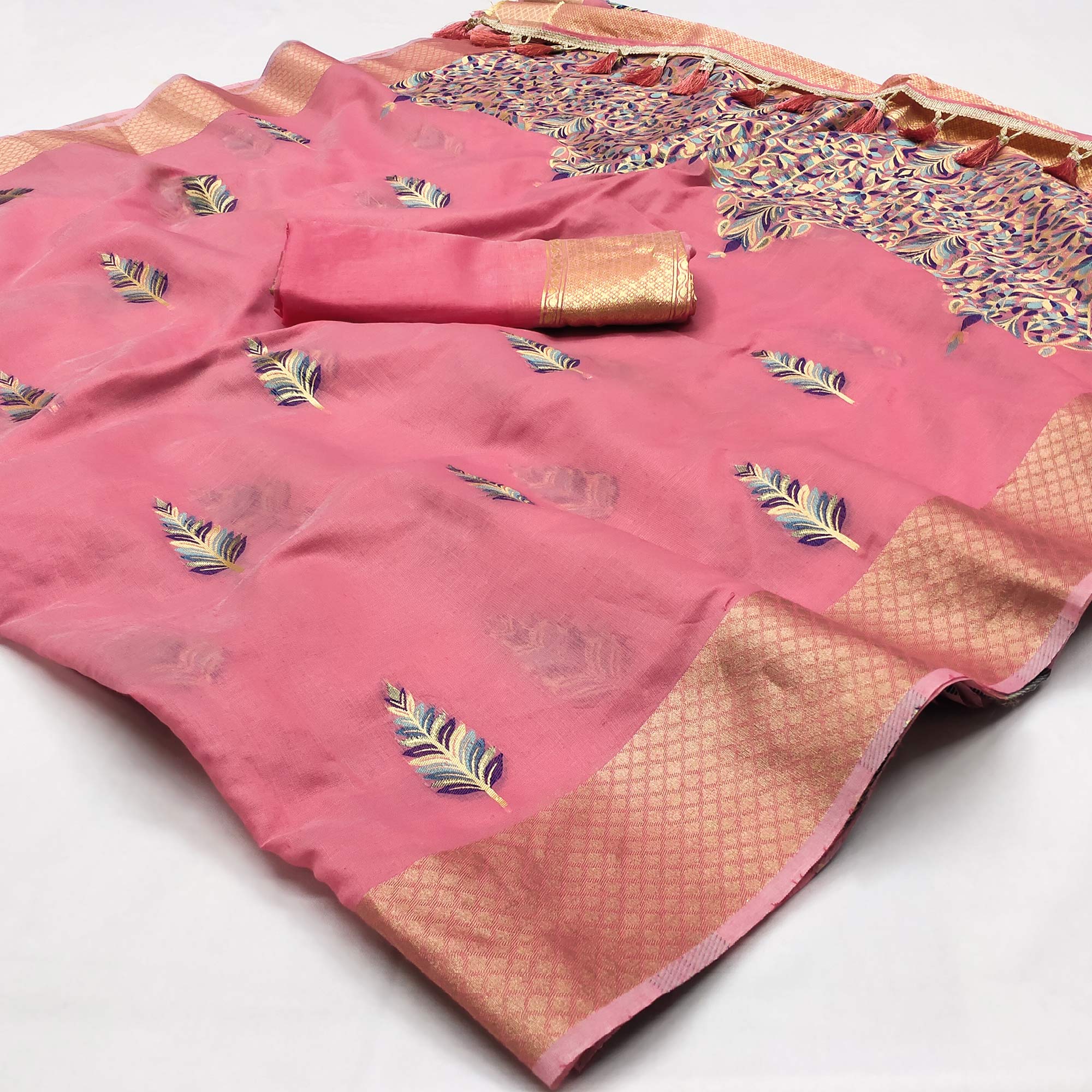 Pink Woven Art Silk Saree With Tassels